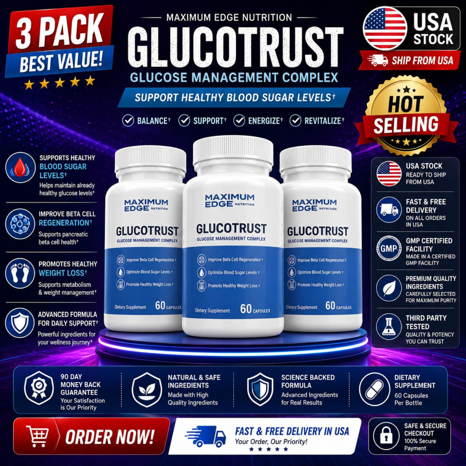MAXIMUM EDGE- Glucotrust Capsules Blood Sugar Support&weight loss 180ct(3 pack)