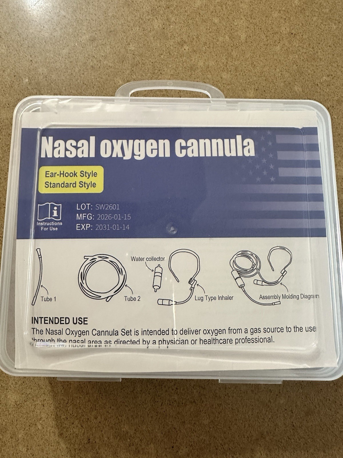 Nasal Oxygen Cannula Ear-Hook Style Reusable Adjustable w/ Storage Case