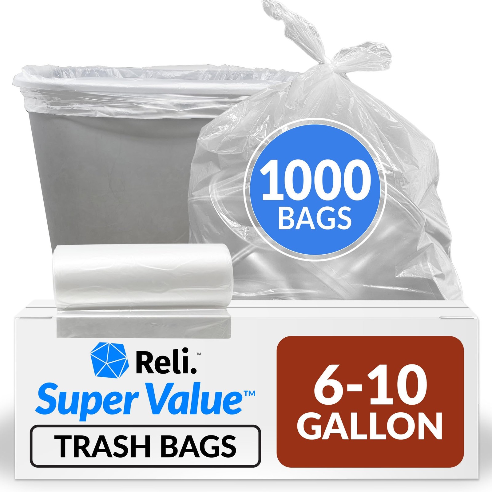6-10 Gallon Trash Bags | 1000 | 1 Count (Pack of 1000), Clear