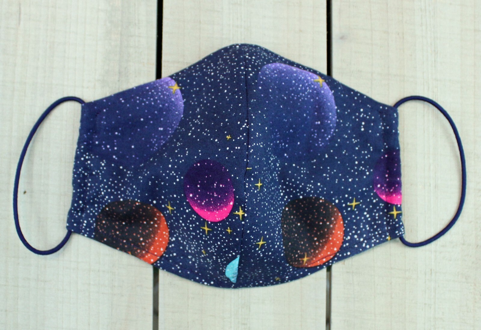 Blue Planets and Space Print 100% Cotton Face Mask. Hand sewn mask made in USA.