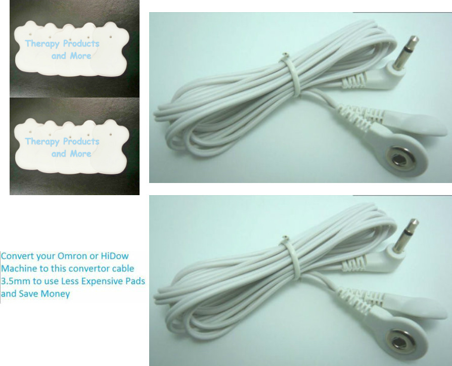 OMRON AND TENS COMPATIBLE 3.5mm LEAD CONVERTOR CABLES (2) w/10 MASSAGE PADS