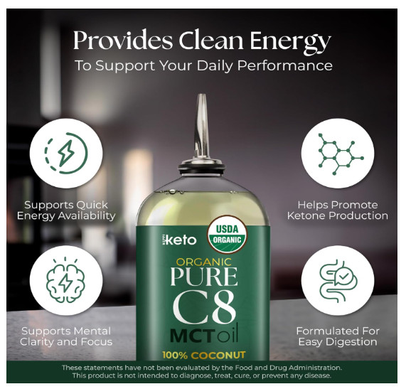 Keppi Keto Organic MCT Oil – Flavorless C8, Non-GMO, 16 Fl Oz (Pack of 1), C8