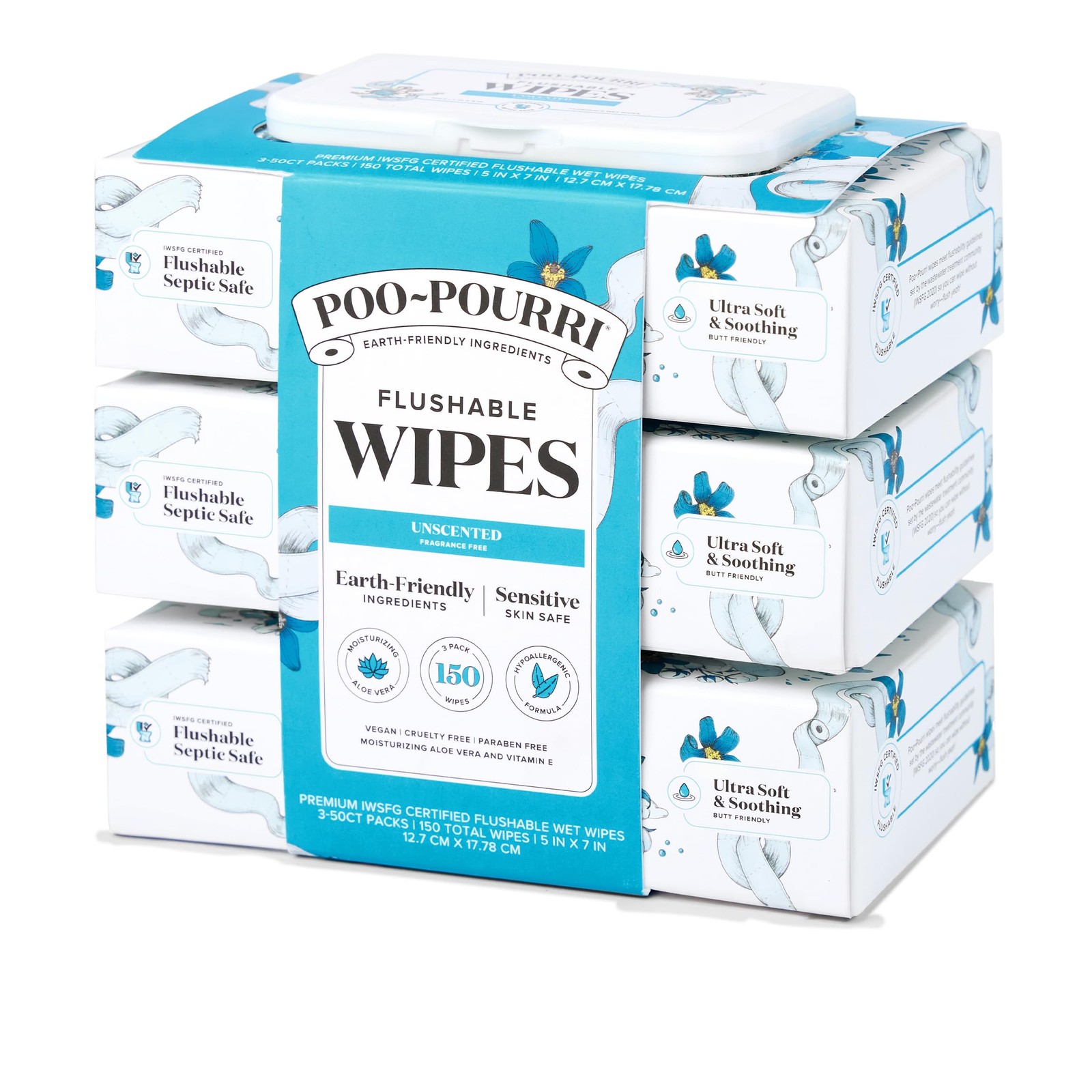 Flushable Wipes 150 Count Plant Based Aloe Vitamin E Poo~Pourri PooPourri Fibers