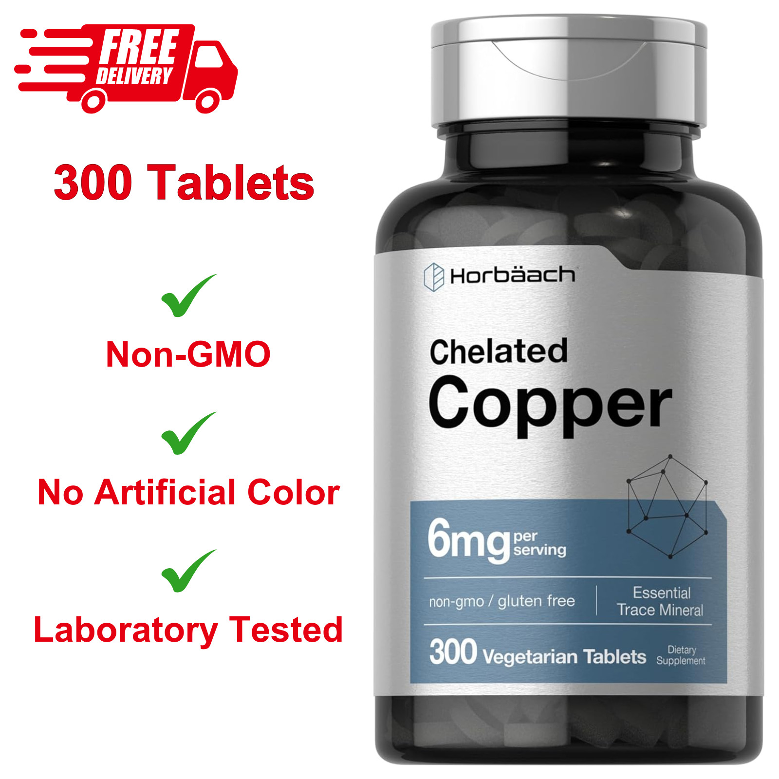 Chelated Copper Supplement 6mg, 300 Tablets, Vegetarian, Non-Gmo & Gluten Free