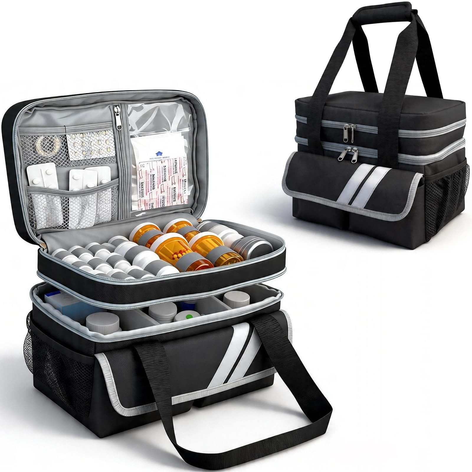 Chelvvg Double Layers Medicine Organizer Storage 11.8” x 8.1” x 9.5”, Black