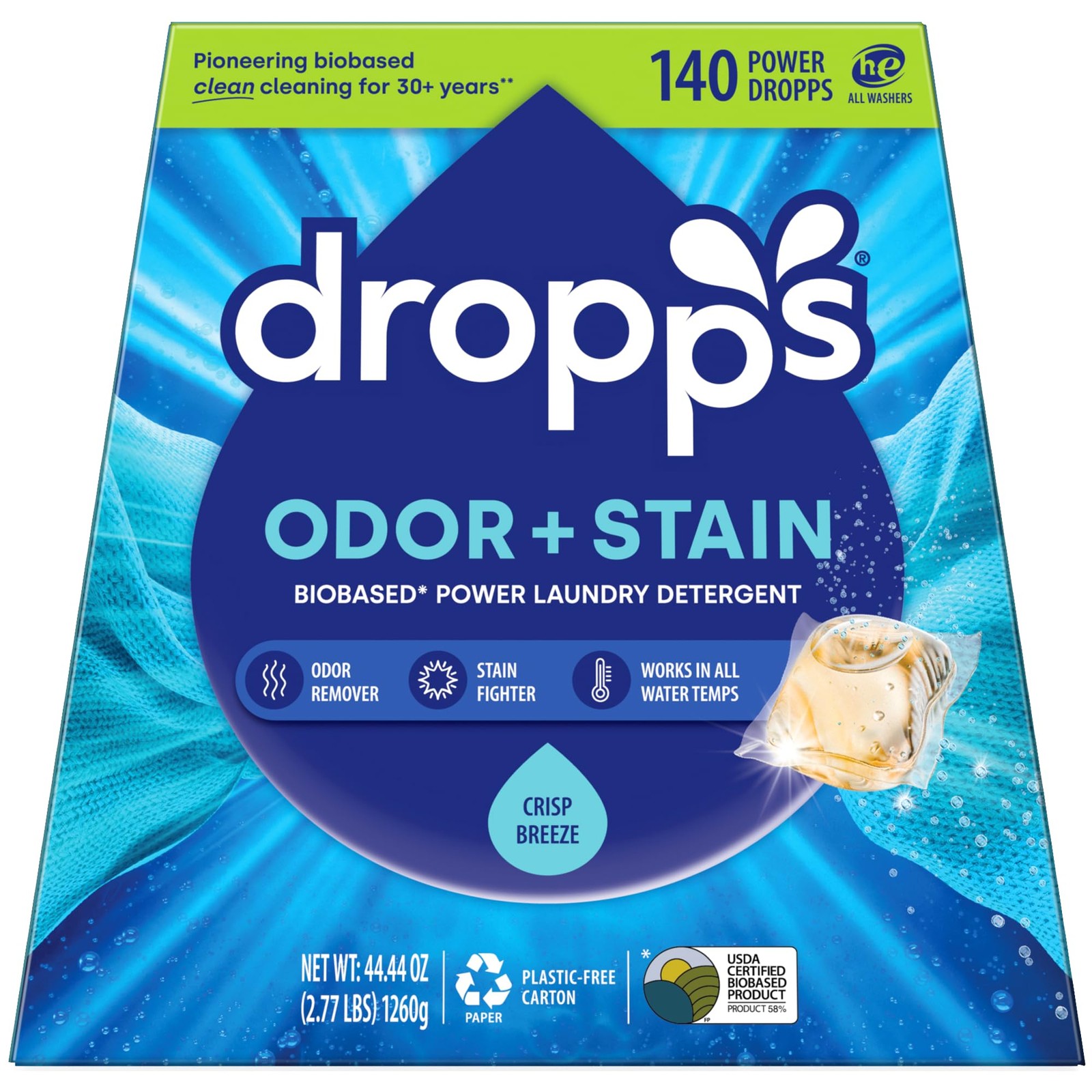 Laundry Detergent Pods 140 Count Crisp Breeze Odor Stain Dropps Powerful Clean