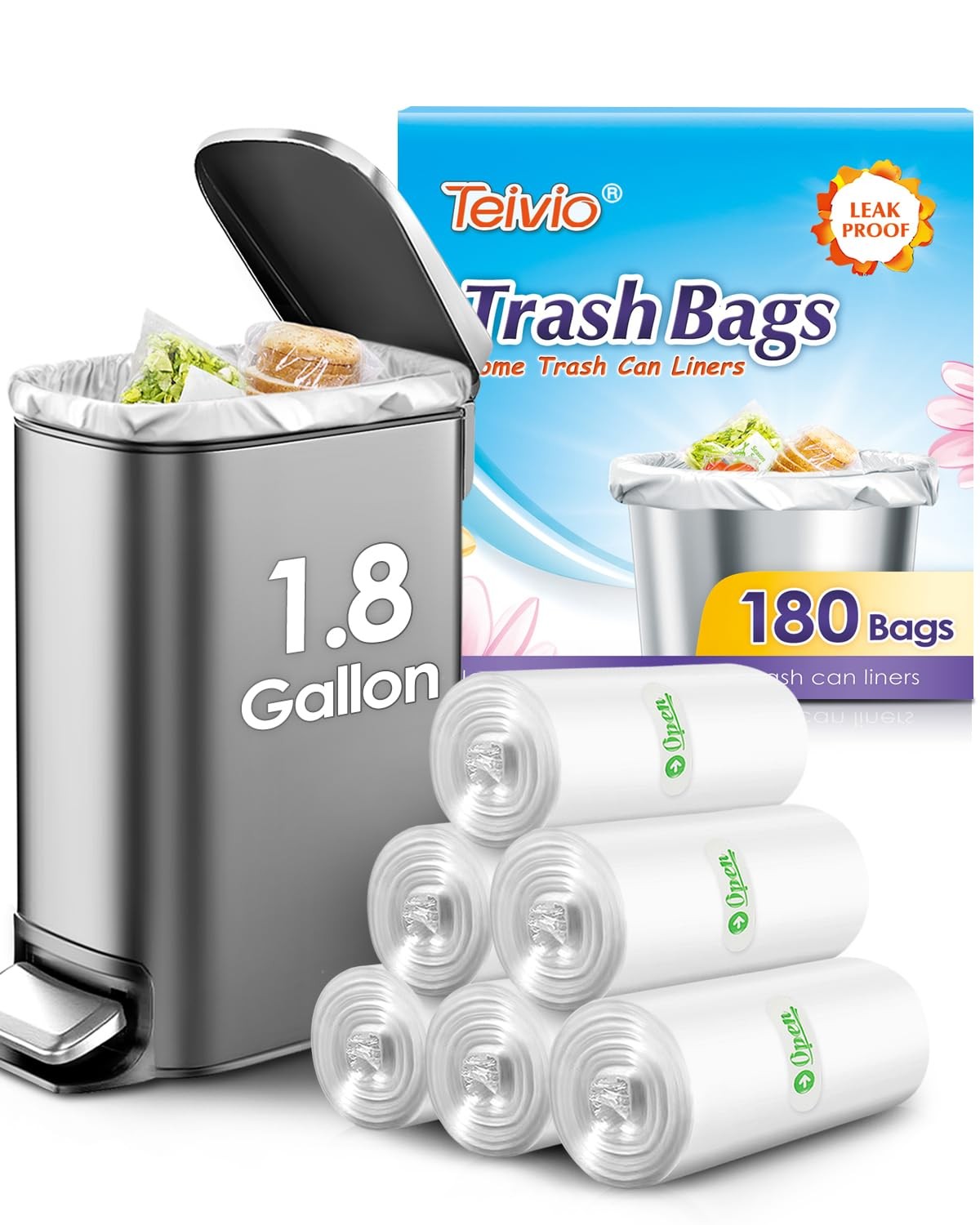 Teivio 1.8 Gallon 180 Counts Strong Trash Bags 1 Count (Pack of 180), Clear