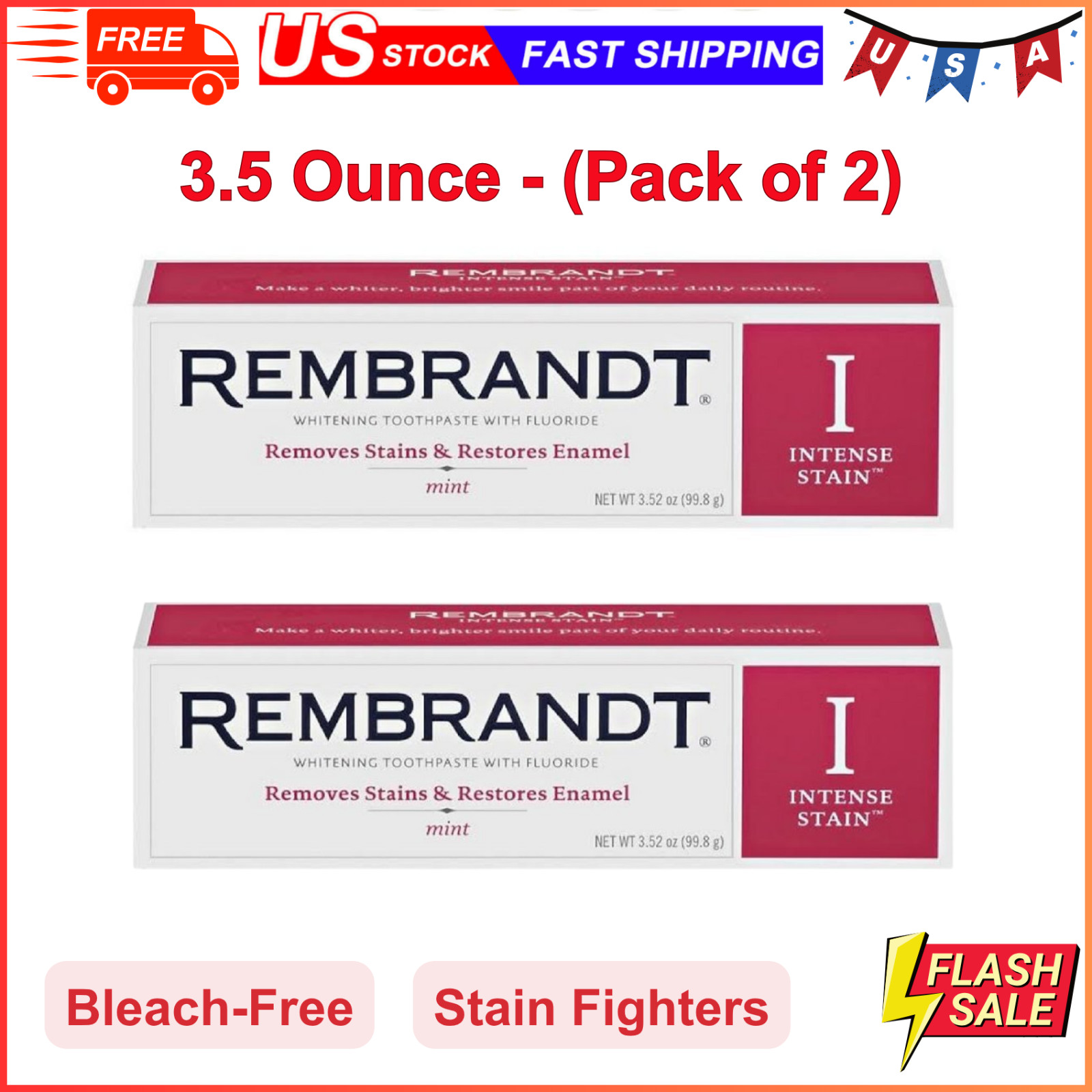 Rembrandt Intense Stain Whitening Toothpaste, Mint Flavor, 3.5 Ounce – (2 Pack)