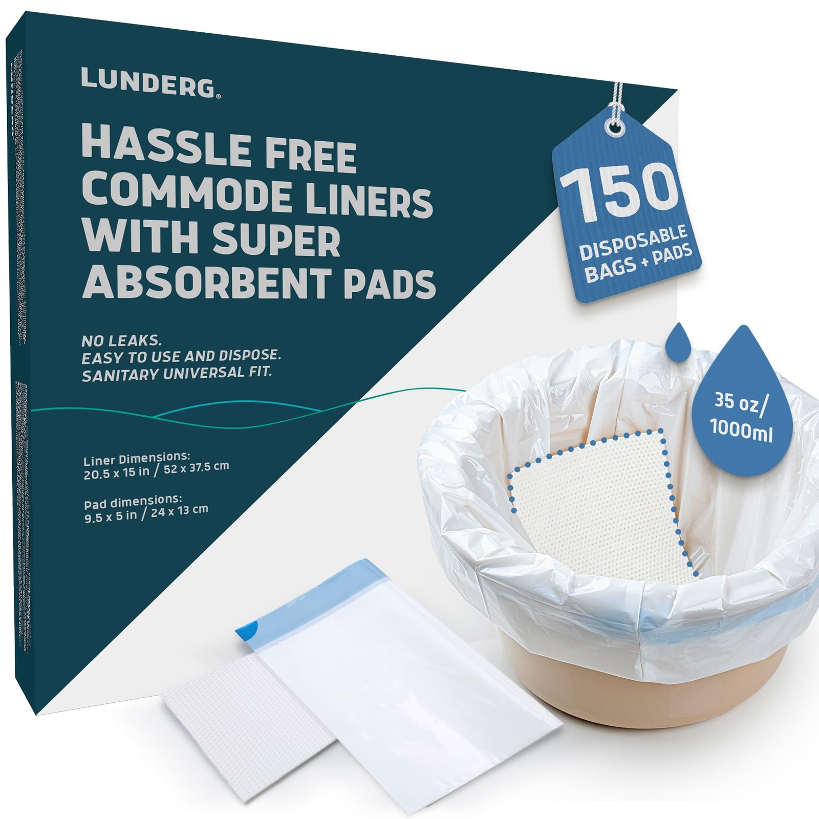 Commode Liners Absorbent Pads 150 Count Medical Grade Universal Fit Portable