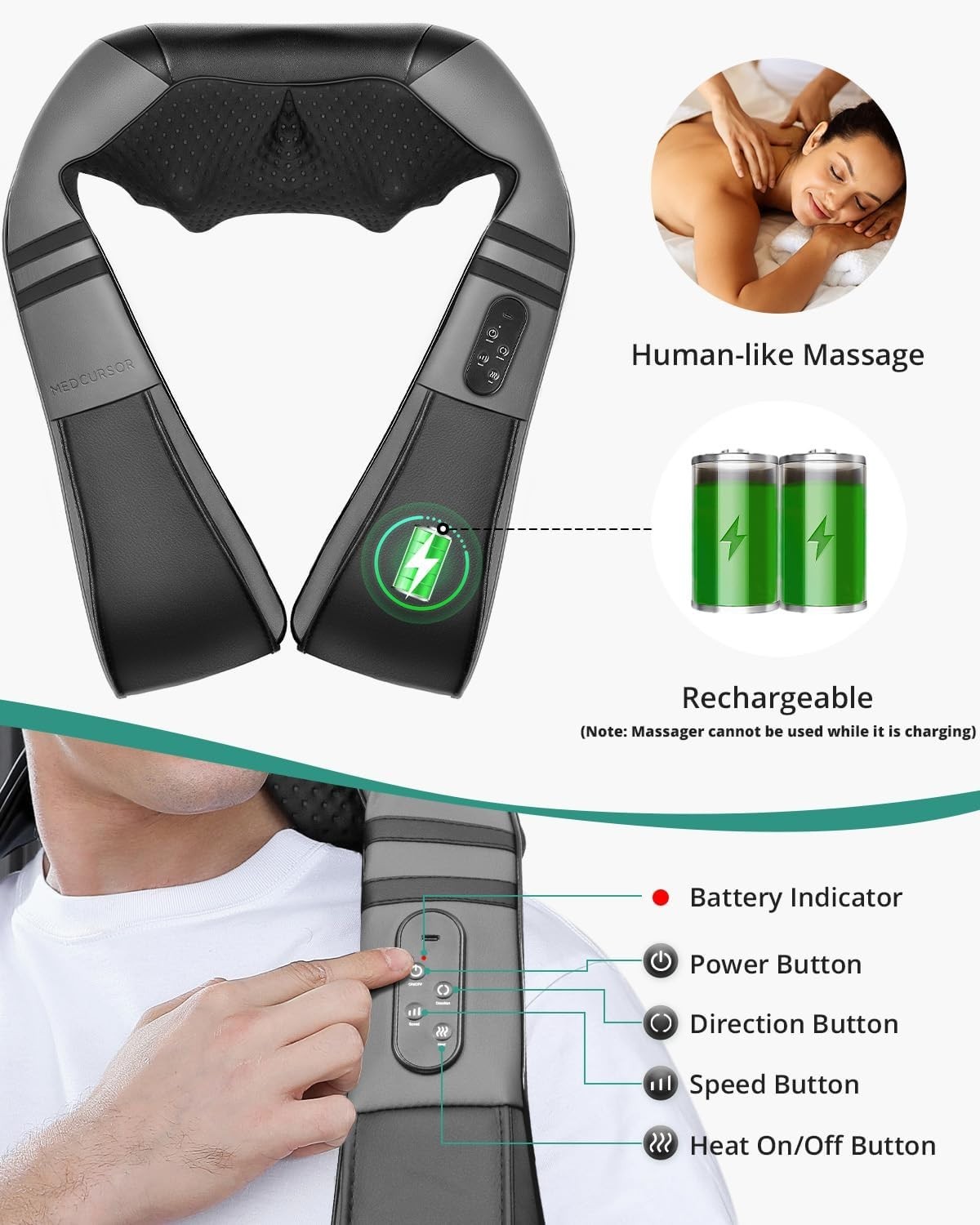 Medcursor Neck Rechargeable Massager with Heat for Pain Relief Deep Tissue