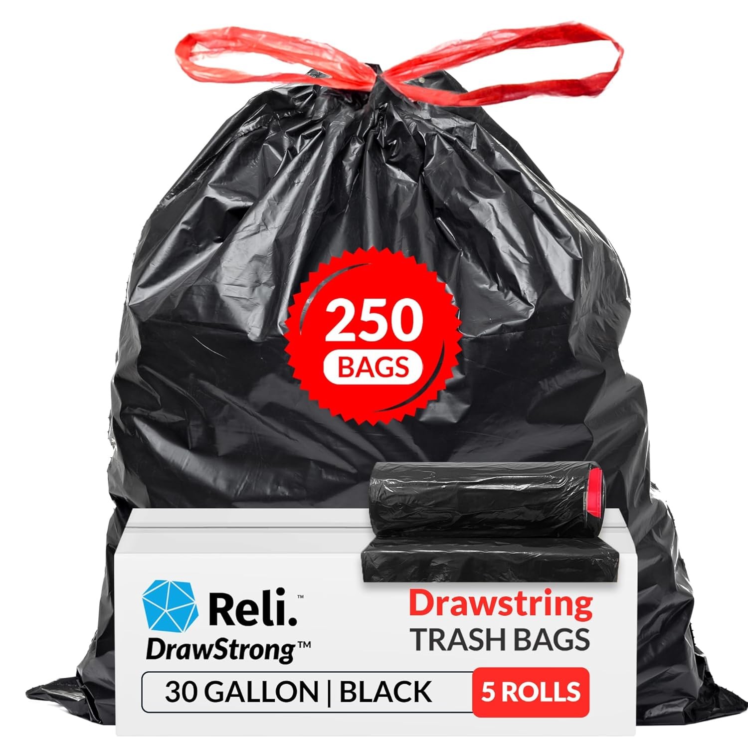 Reli. 30 Gallon Trash Bags Drawstring | 250 Count Bulk | Black | 30