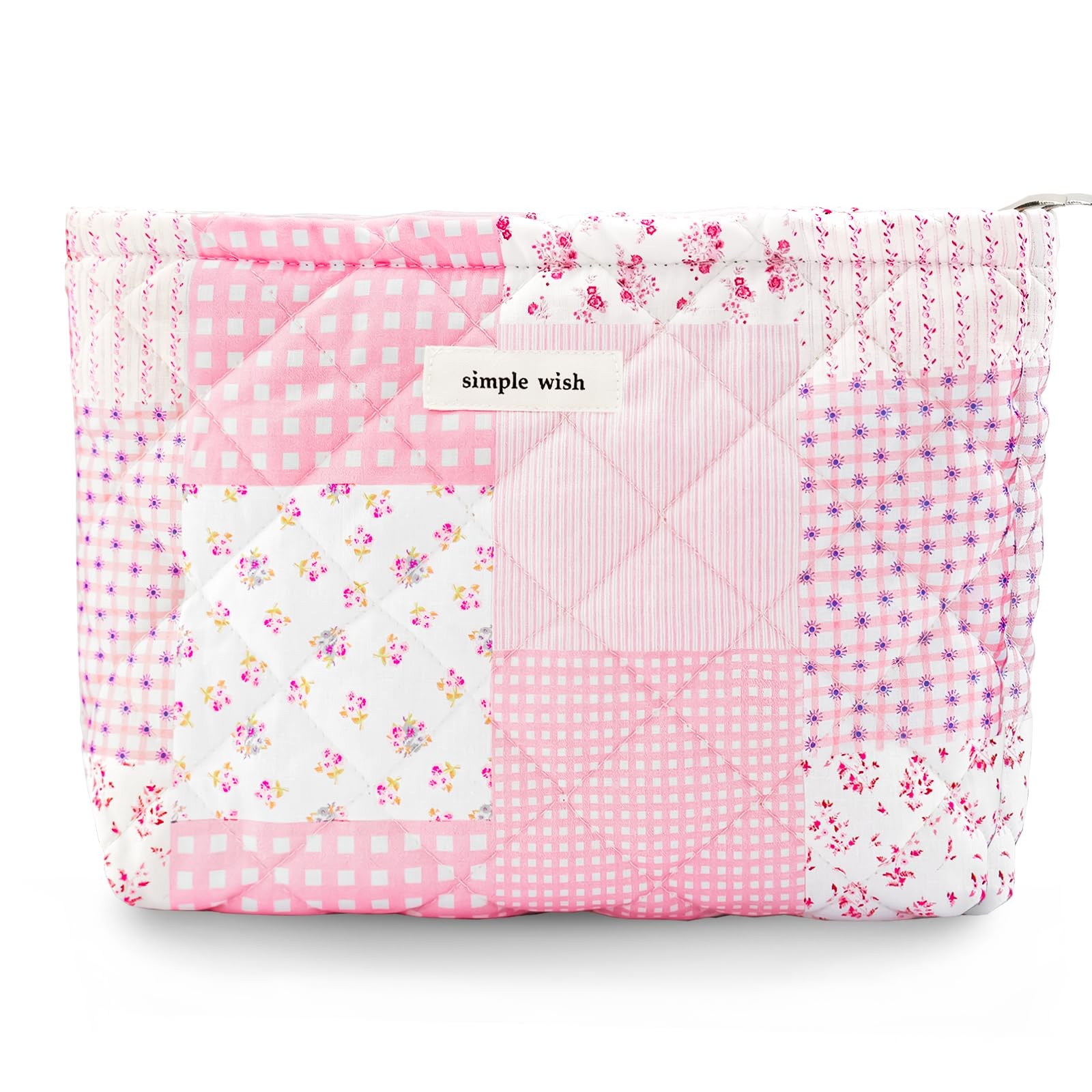 Sminra Quilted Floral Makeup Bag for Women, Cotton Cosmetic Pouch with Zipper, S