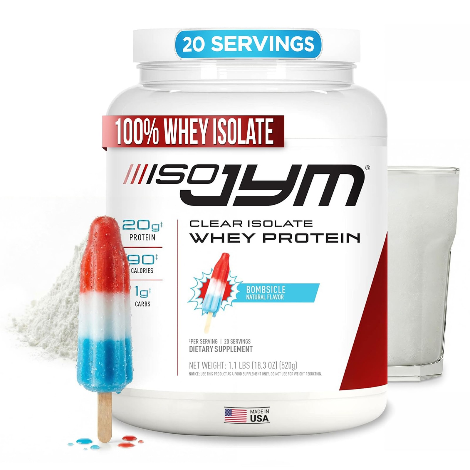 Whey Protein Isolate Powder JYM Iso 20 Servings Bombsicle Zero Sugar Supplement