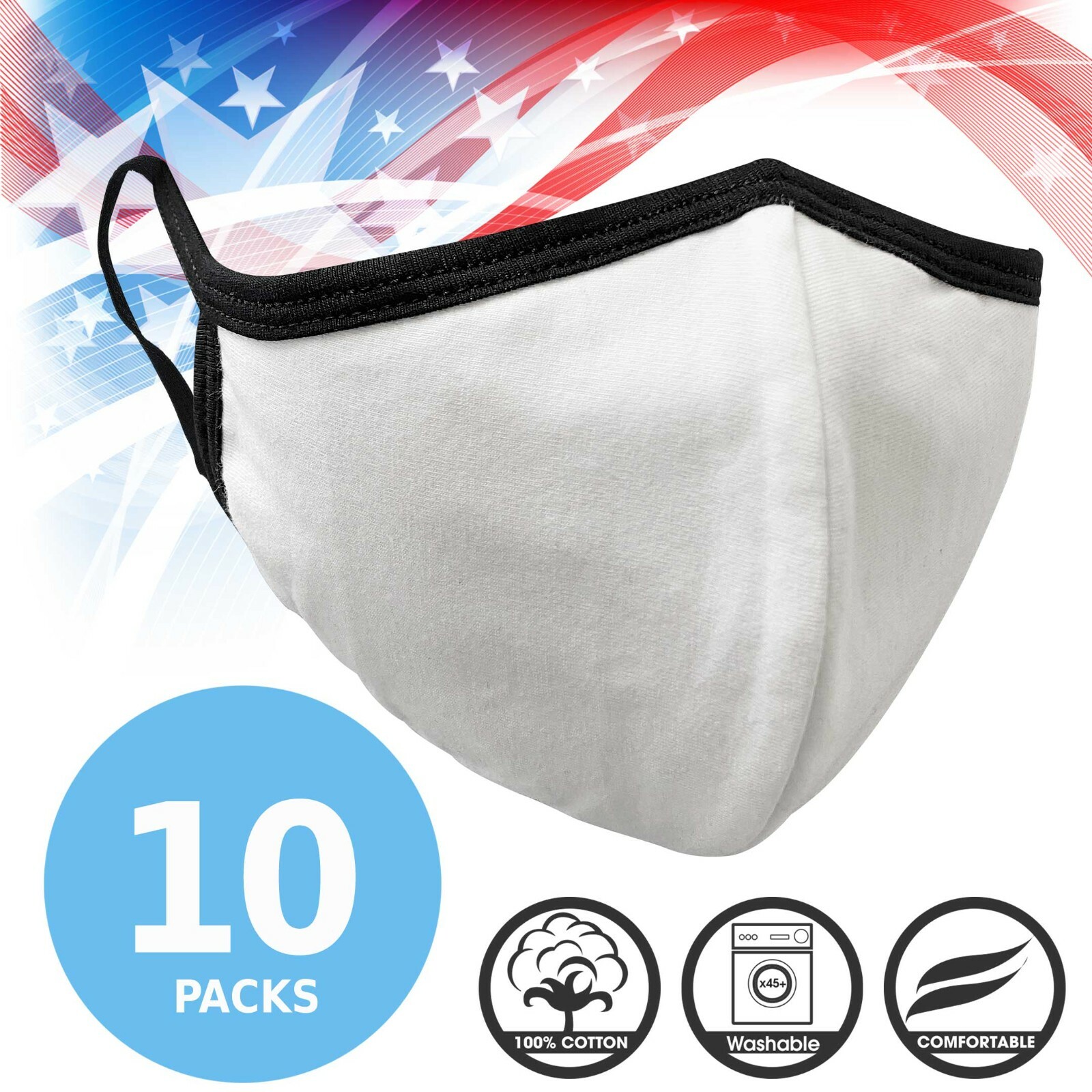 Face Mask Premium White Black Seam Reusable Washable Cotton Mask (Pack of 10)