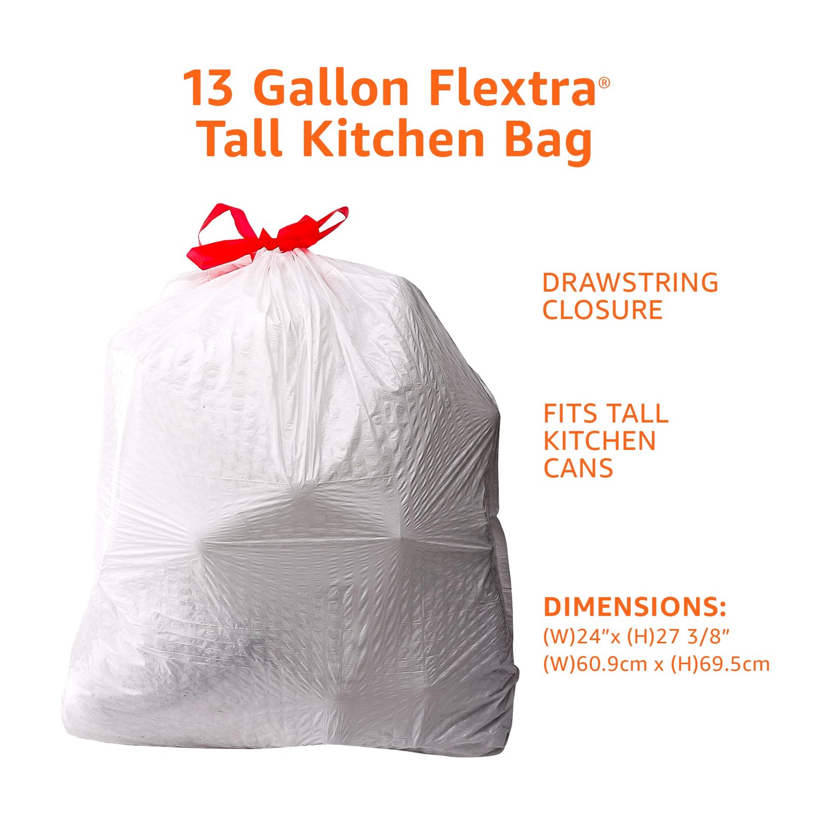 Amazon Basics Flextra Tall Kitchen Drawstring 90 Count (Pack of 1), White