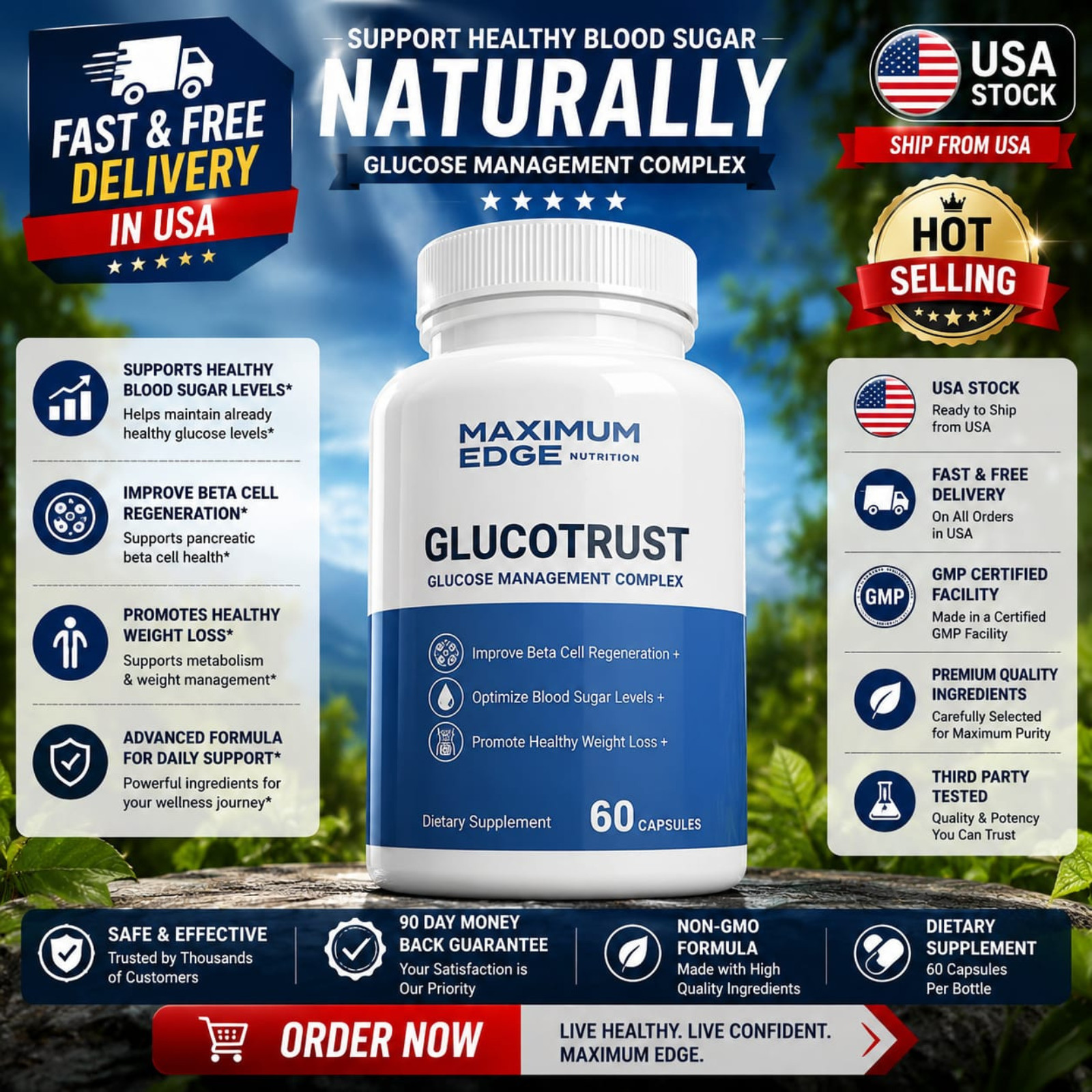 MAXIMUM EDGE- Glucotrust Capsules Blood Sugar Support&weight loss 60ct