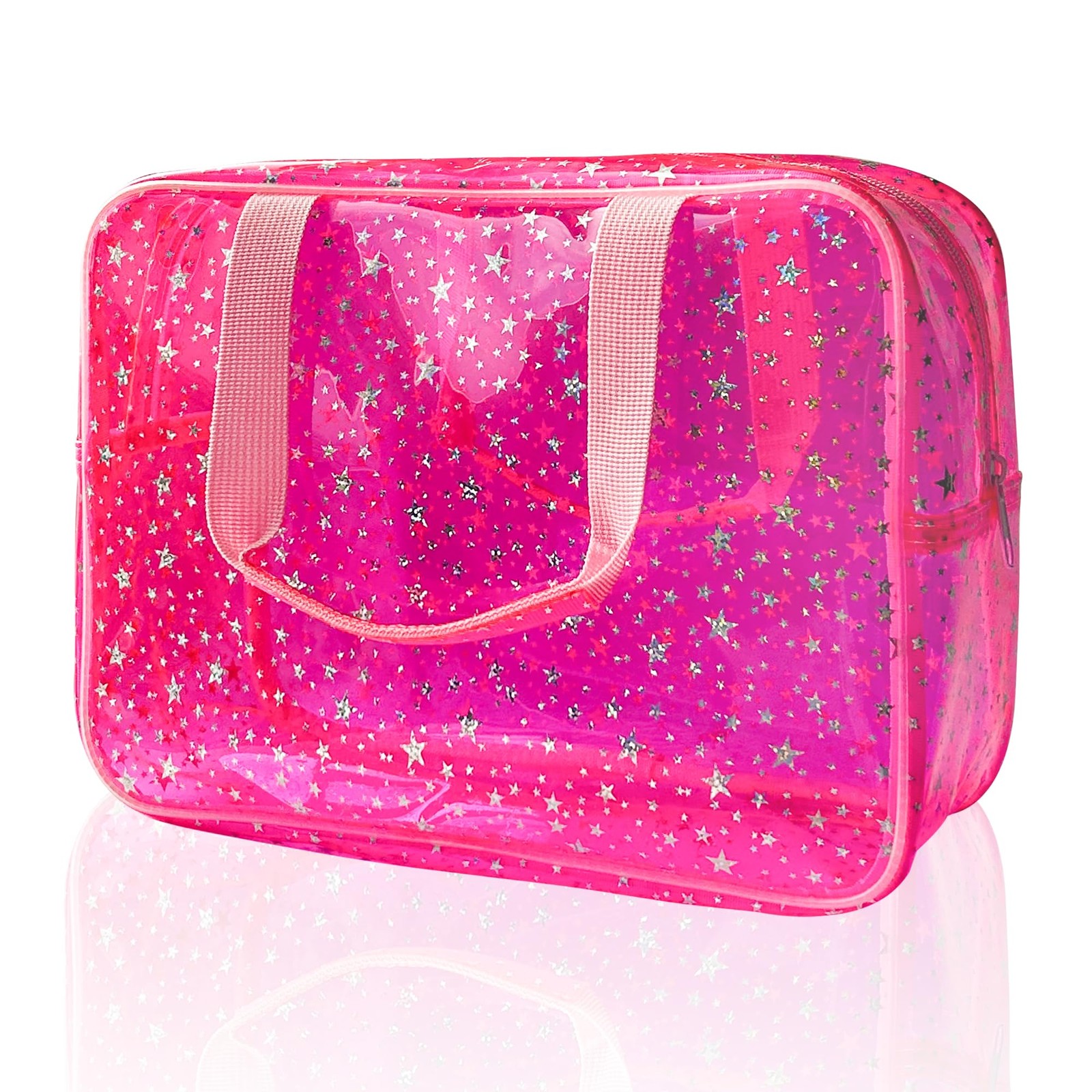 TotePrint Hot Pink Star Large Cosmetic Bag 12x5x8 inch Travel Pouch with Handle,