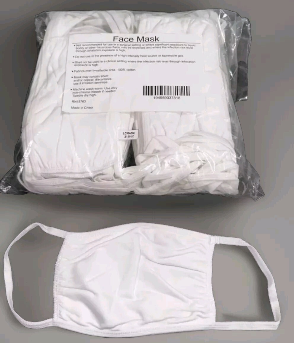 50 Pack – Hanes -3 Ply Washable Reusable White Face Masks Adjustable 100% Cotton