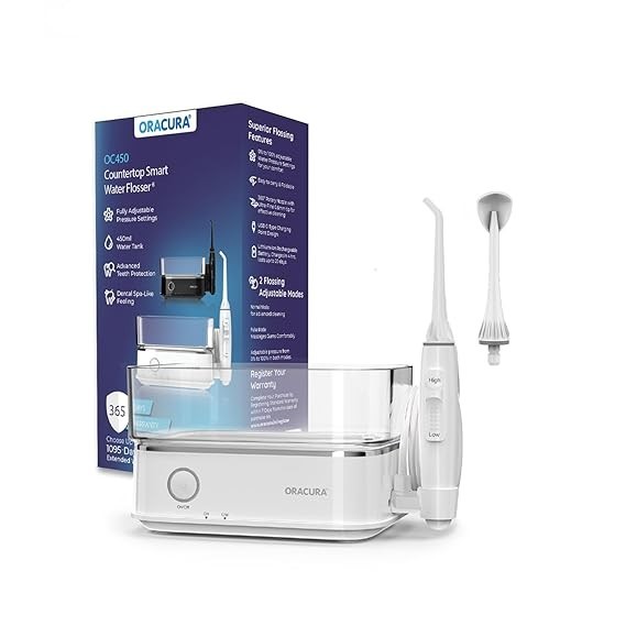 ORACURA OC450 Lite Smart Countertop Water Flosser: 450ml, Adjustable, White