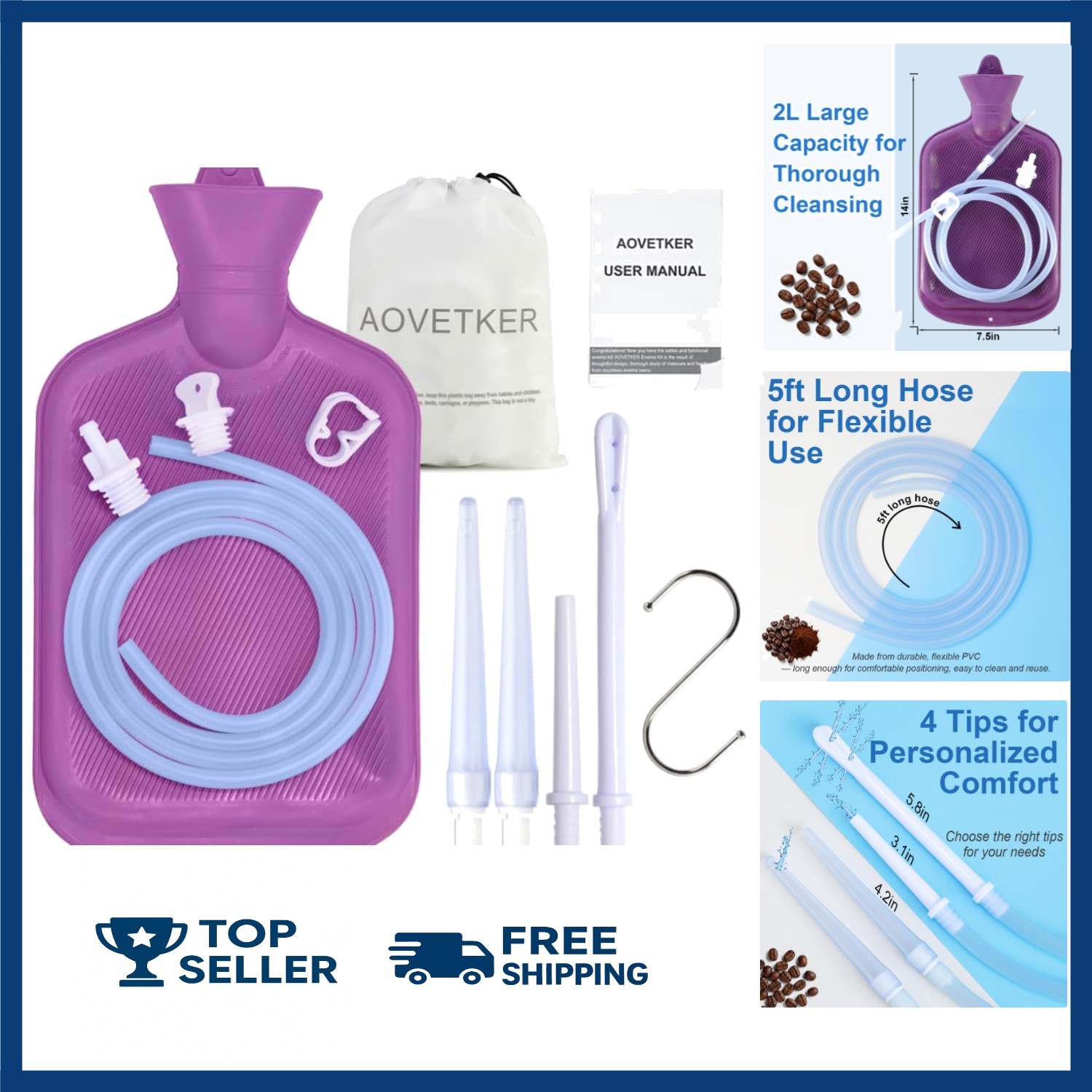 Enema Bag Kit for Women & Men, Colon Cleanse Enema Bag 2L with 4 Tips & Flow Con