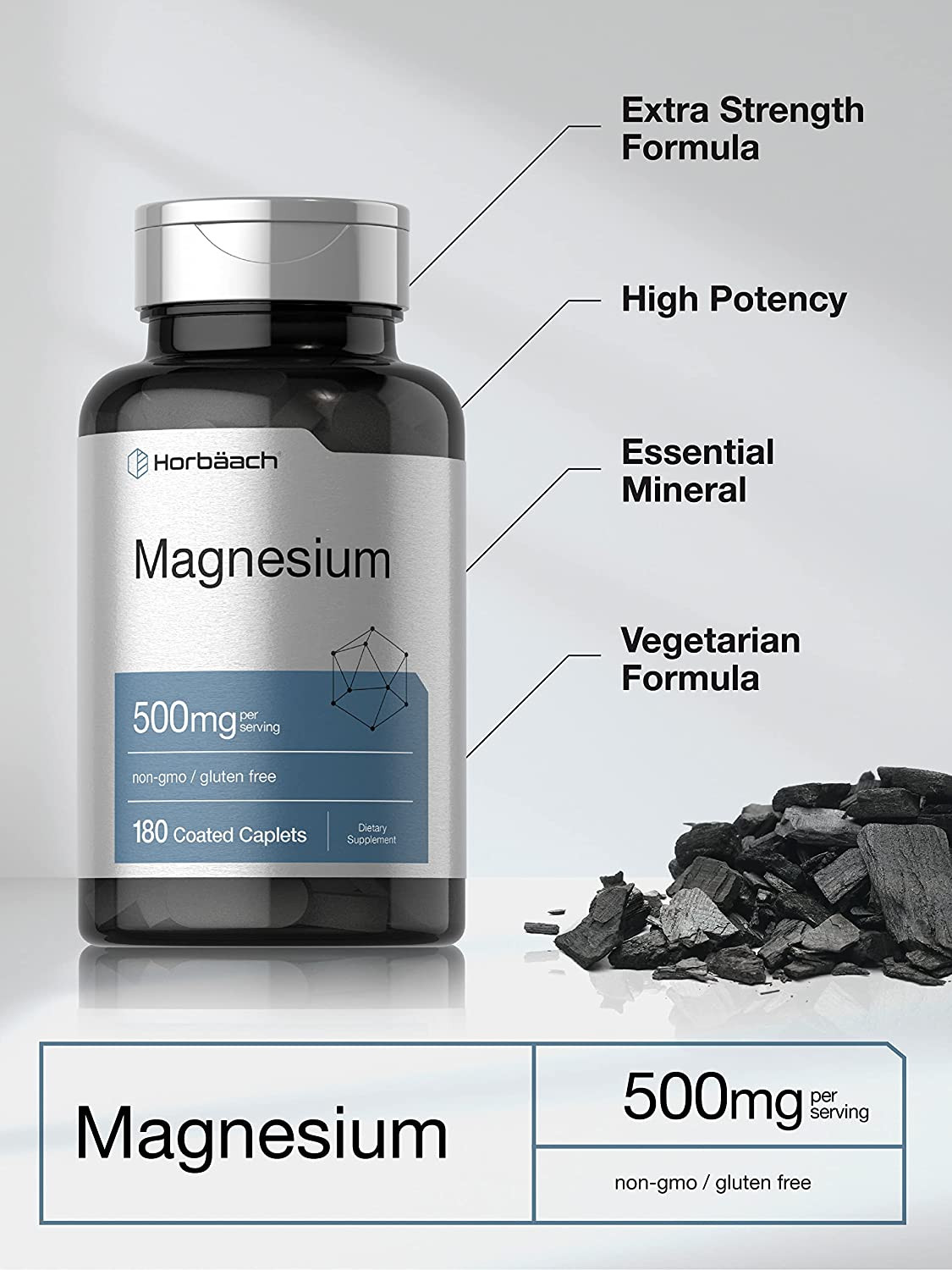 Magnesio 500 mg 180 tabletas suplemento mineral vegetariano sin GMO ni gluten