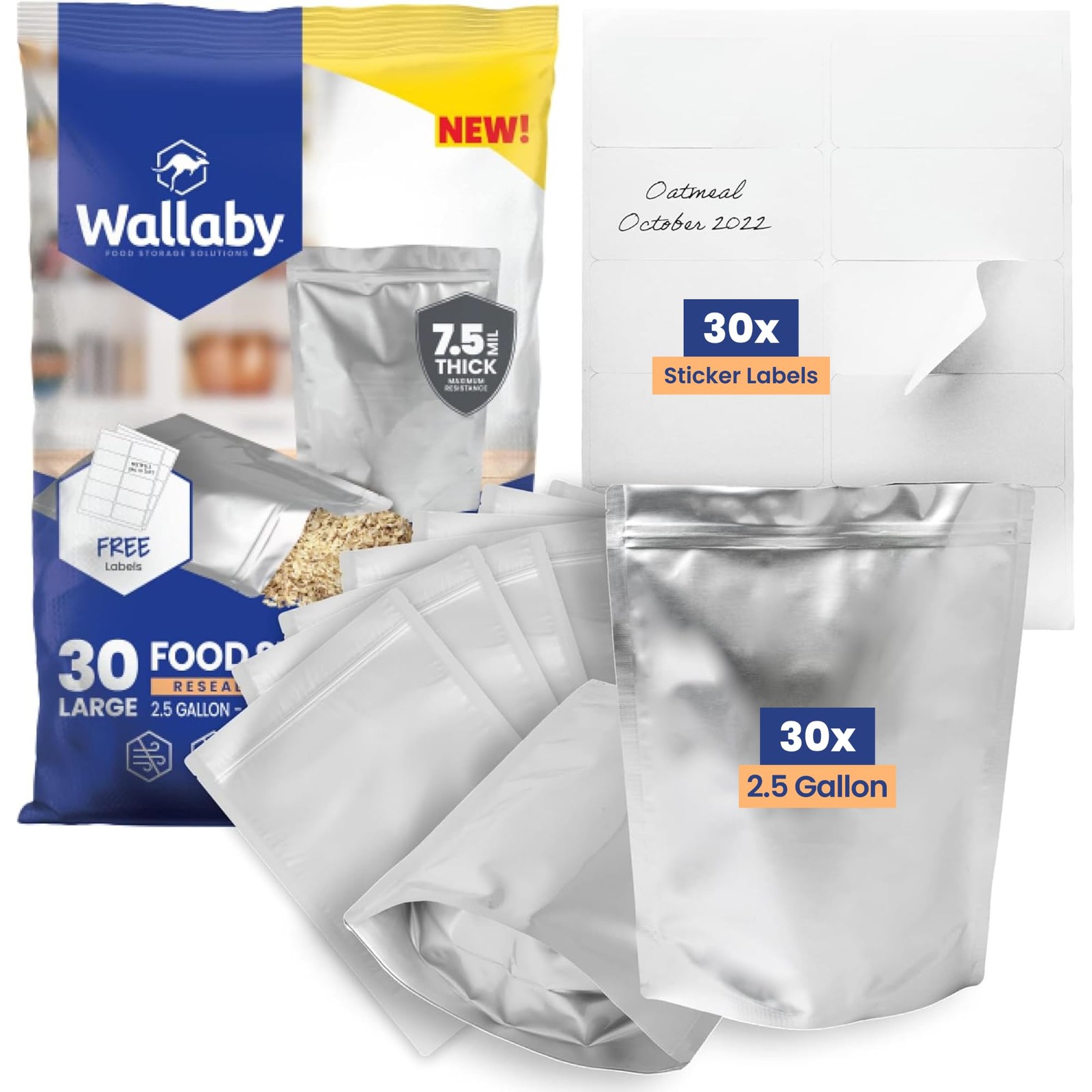 Mylar Bags 30 Count 2.5 Gallon 18×12 Food Storage Silver Wallaby
