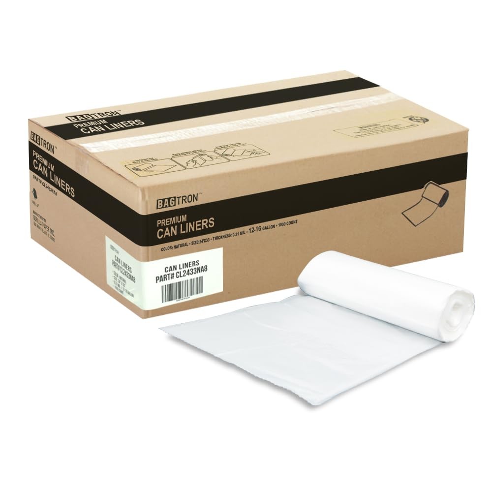 Bagtron 12-16 Gallon Trash Bags, 8 Micron High 1 Count (Pack of 1000), Clear