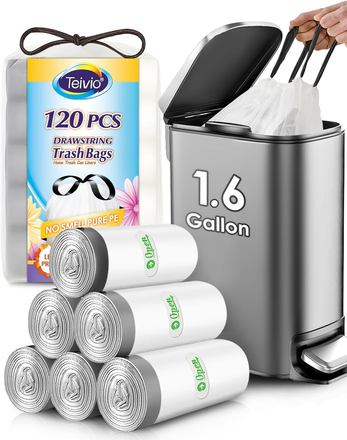 Teivio 1.6 Gallon 120 Counts Strong Drawstring 1 Count (Pack of 120), White