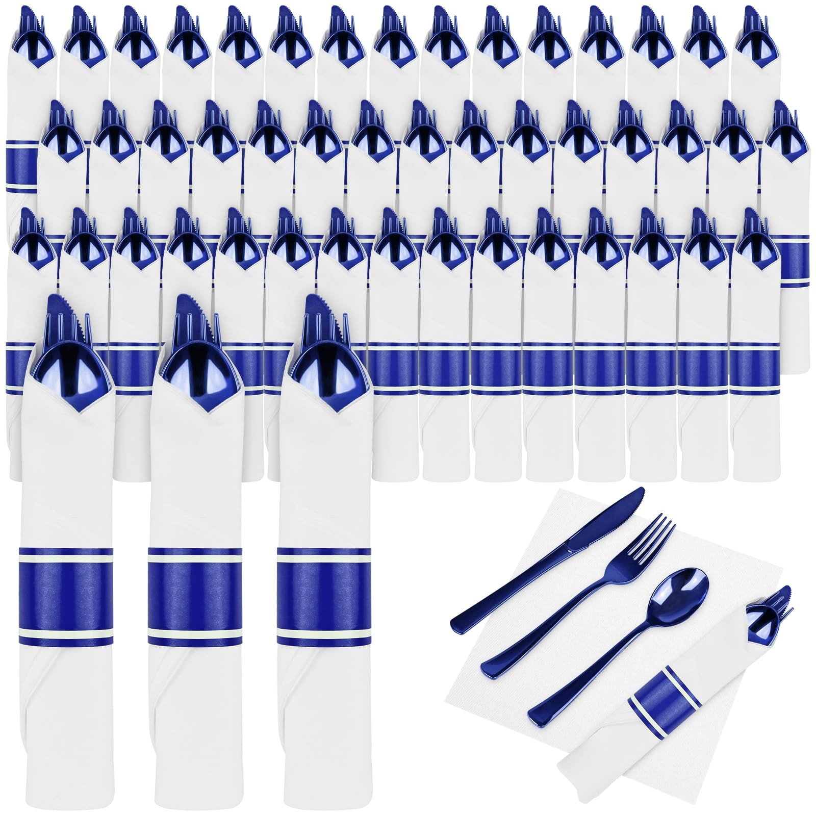 Disposable Silverware 100Pack Blue Pre Rolled Plastic Cutlery Heavy Duty Wrapped