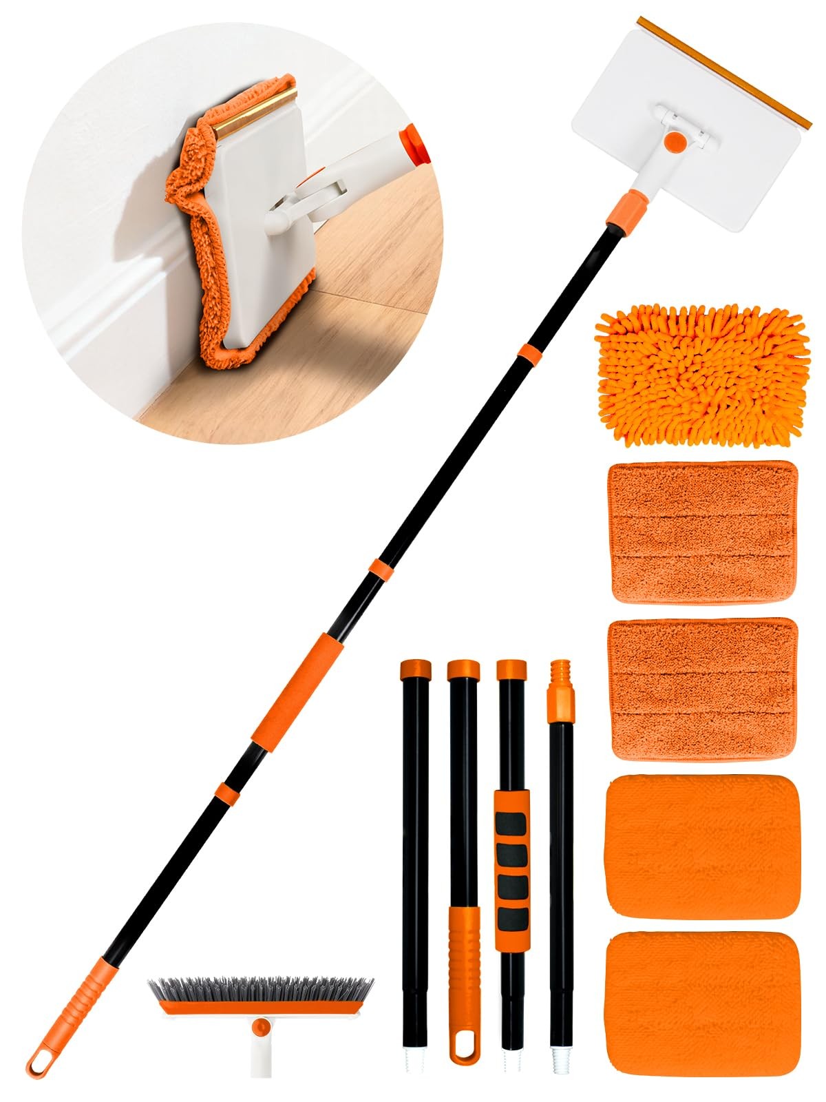 Baseboard Cleaning Tool 4-in-1 Extendable Handle 5 Reusable Pads Carpet