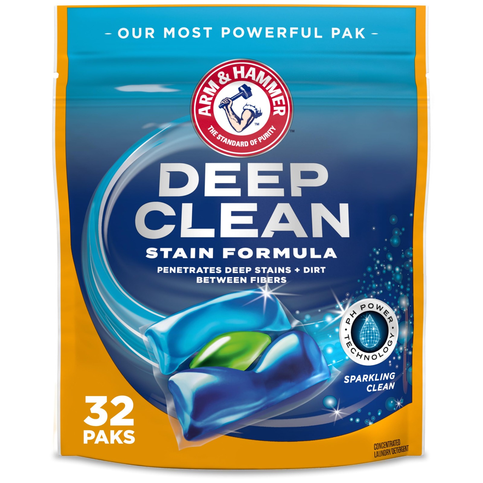Laundry Detergent Power Paks 32 Count Deep Clean Stain Formula ARM HAMMER Scent