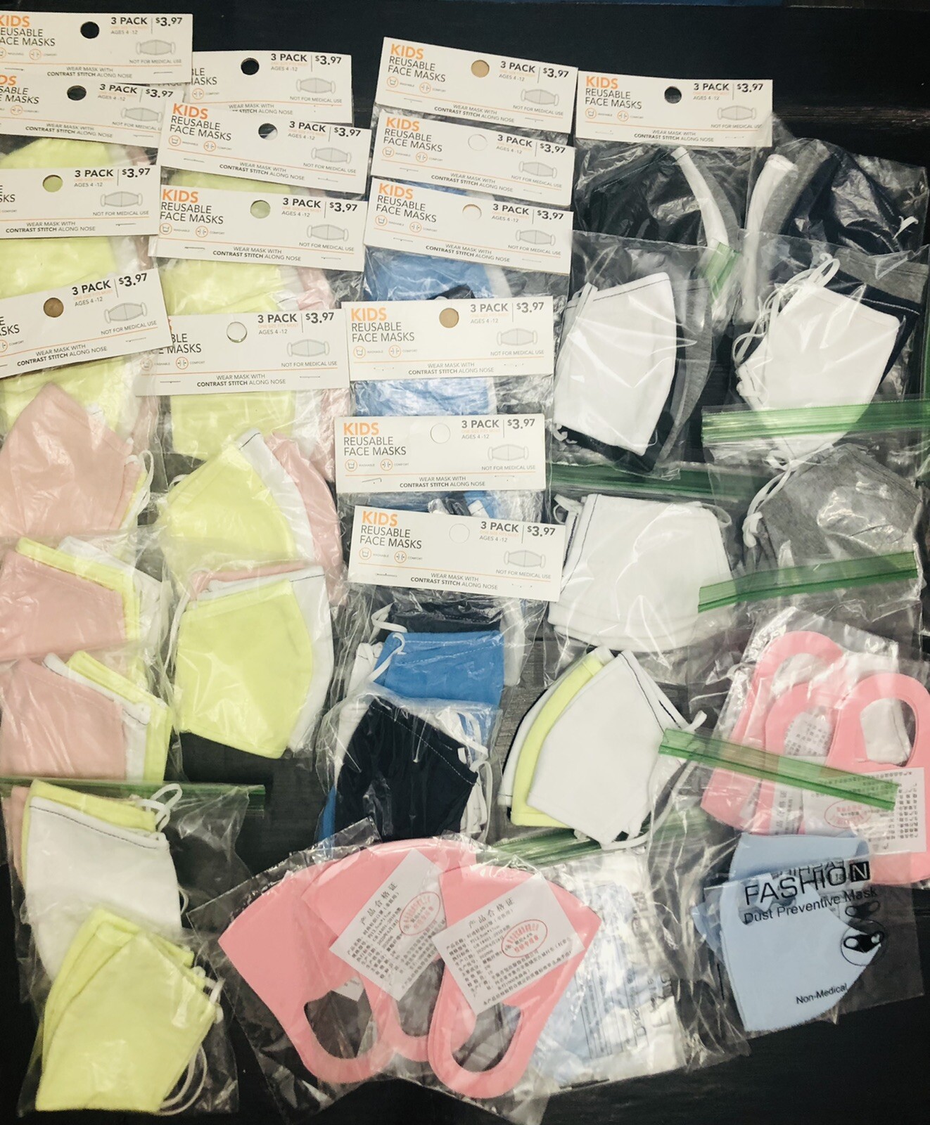 Kids FACE MASKS 100 count NEW Washable BLENDED BLACK NAVY PINK YELLOW WHITE 
