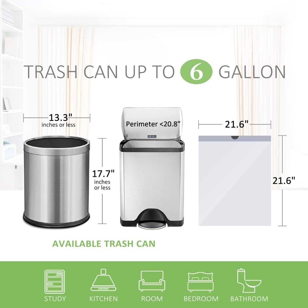 6 Gallon 120pcs Strong Drawstring Trash Bags Garbage by Teivio, White