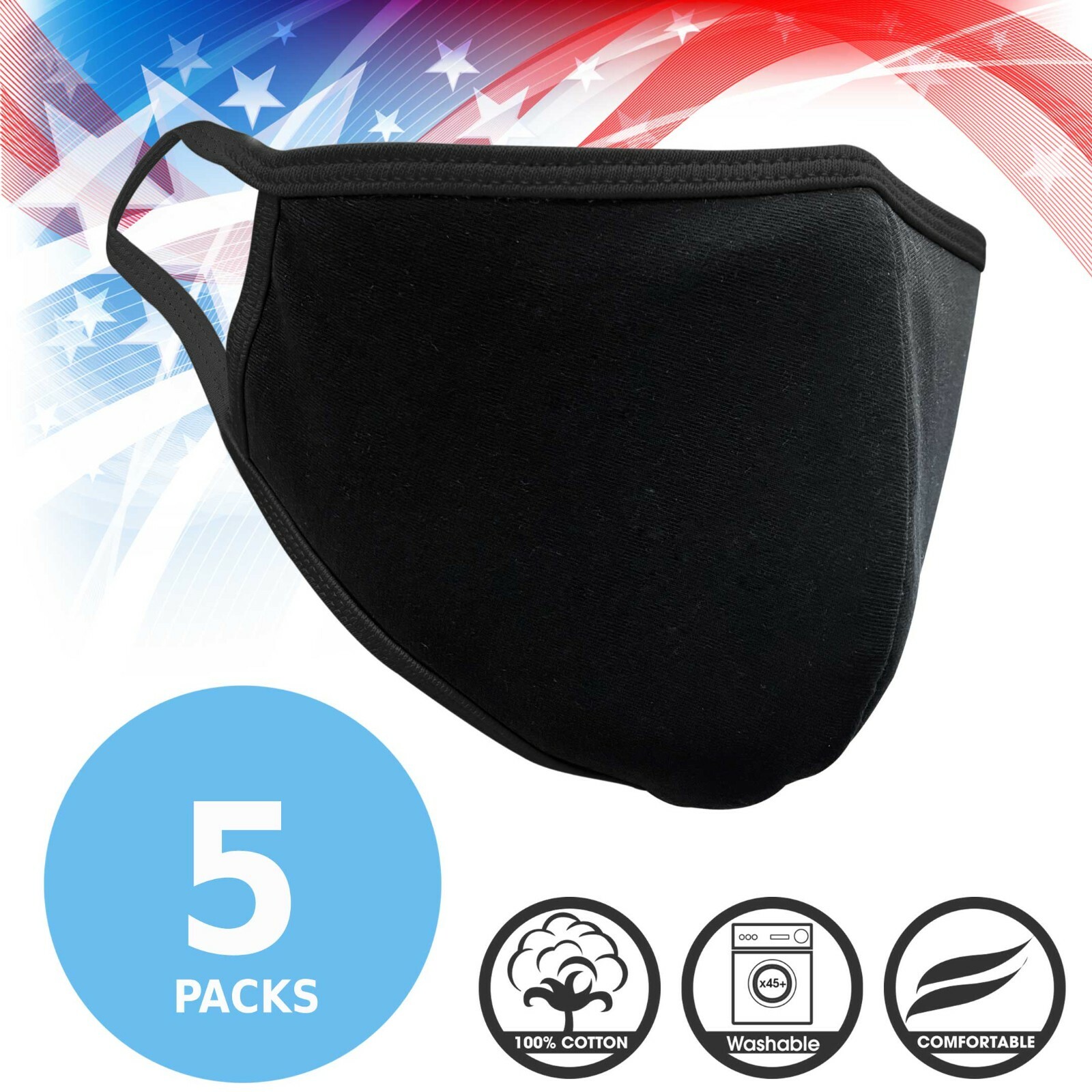 Face Mask Premium Black Fabric Reusable Washable Cotton Face Mask (Pack of 5)