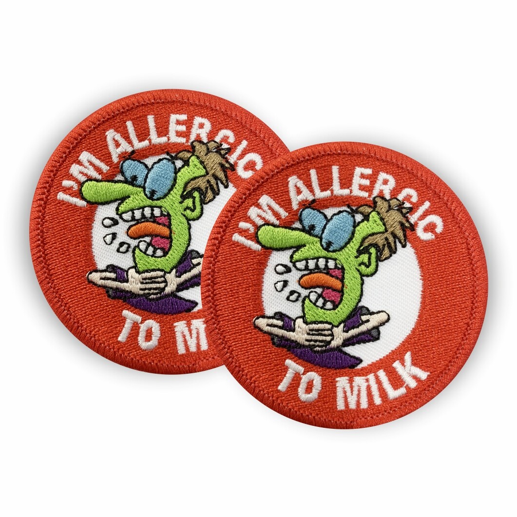 Milk Allergy Sew-on Patches – Also Pin Badges & Stickers – Allergic to Milk