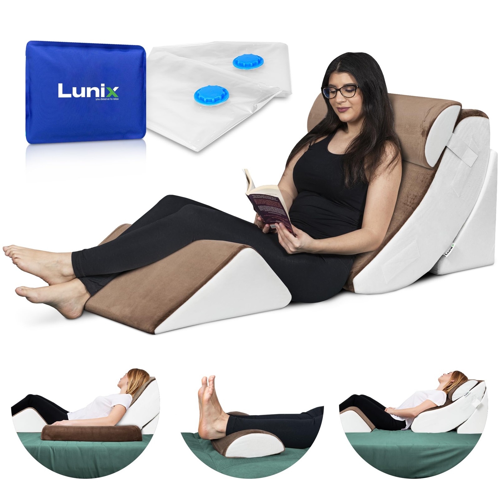 Orthopedic Bed Wedge Pillow Set 4 Piece Memory Foam Almond Brown Lunix LX5 Upper
