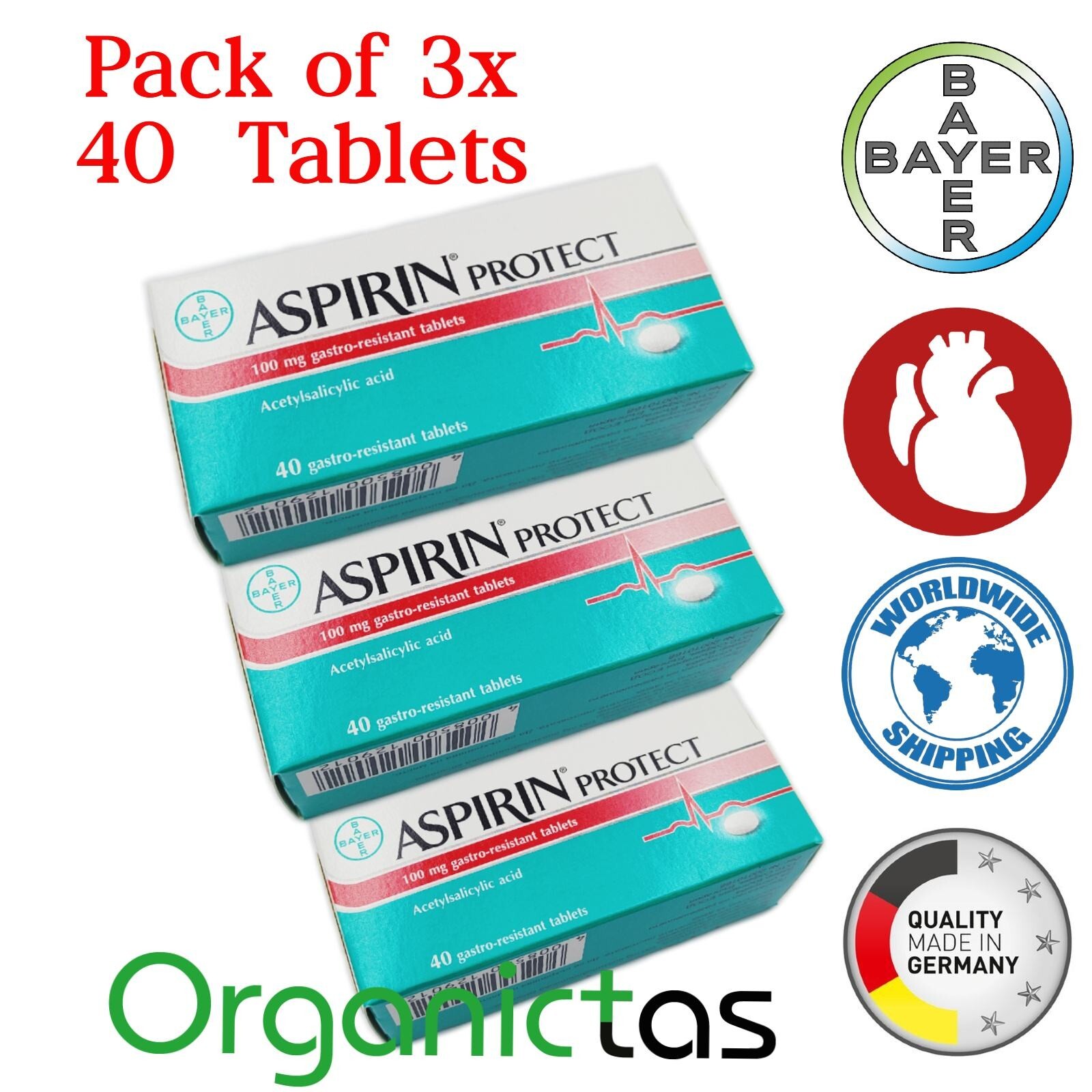 3 pcs BAYER PROTECT CARDIO 100mg * 40 Tablets Heart Health Care Gastro Resistant