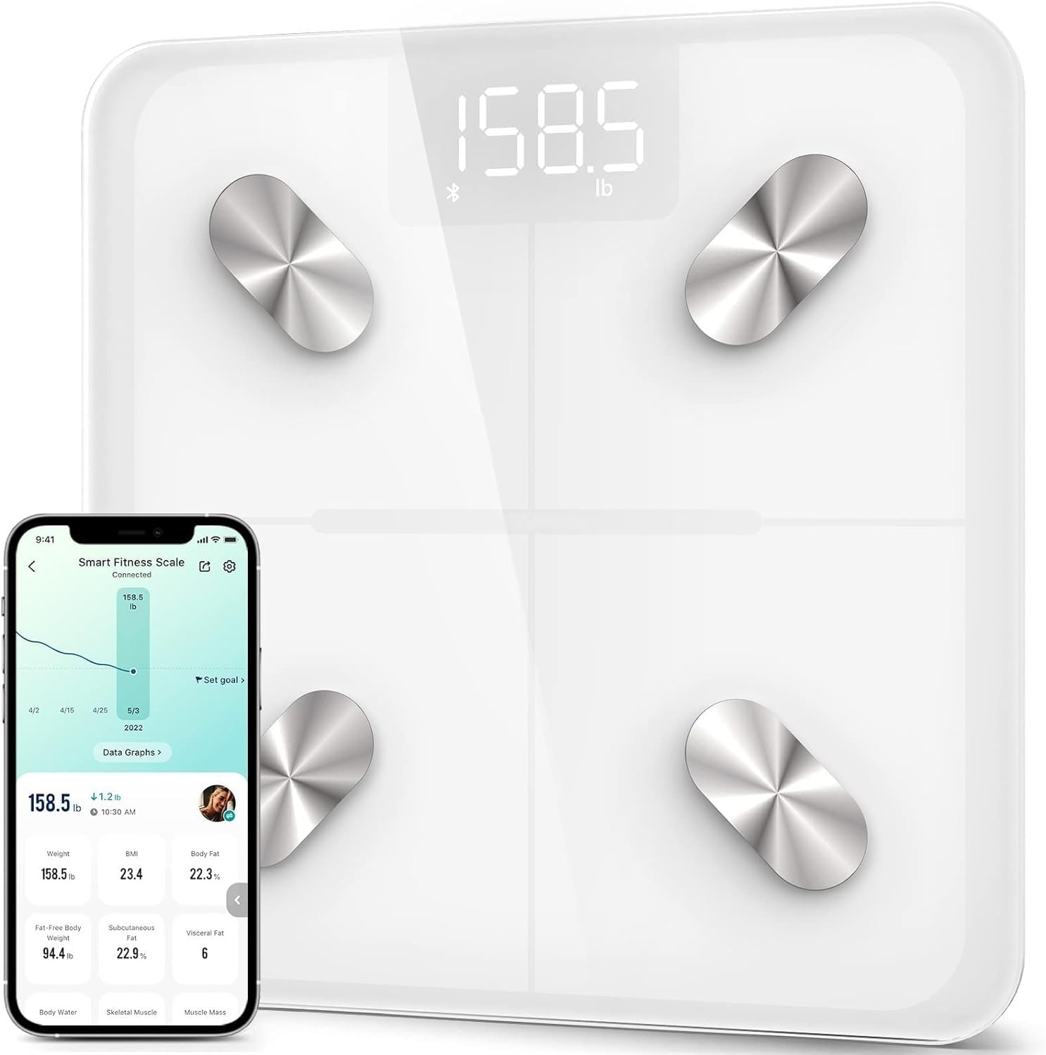 Smart Scale Digital Body Weight Fat Bluetooth 400lb 11×11 Snow White ESF-551