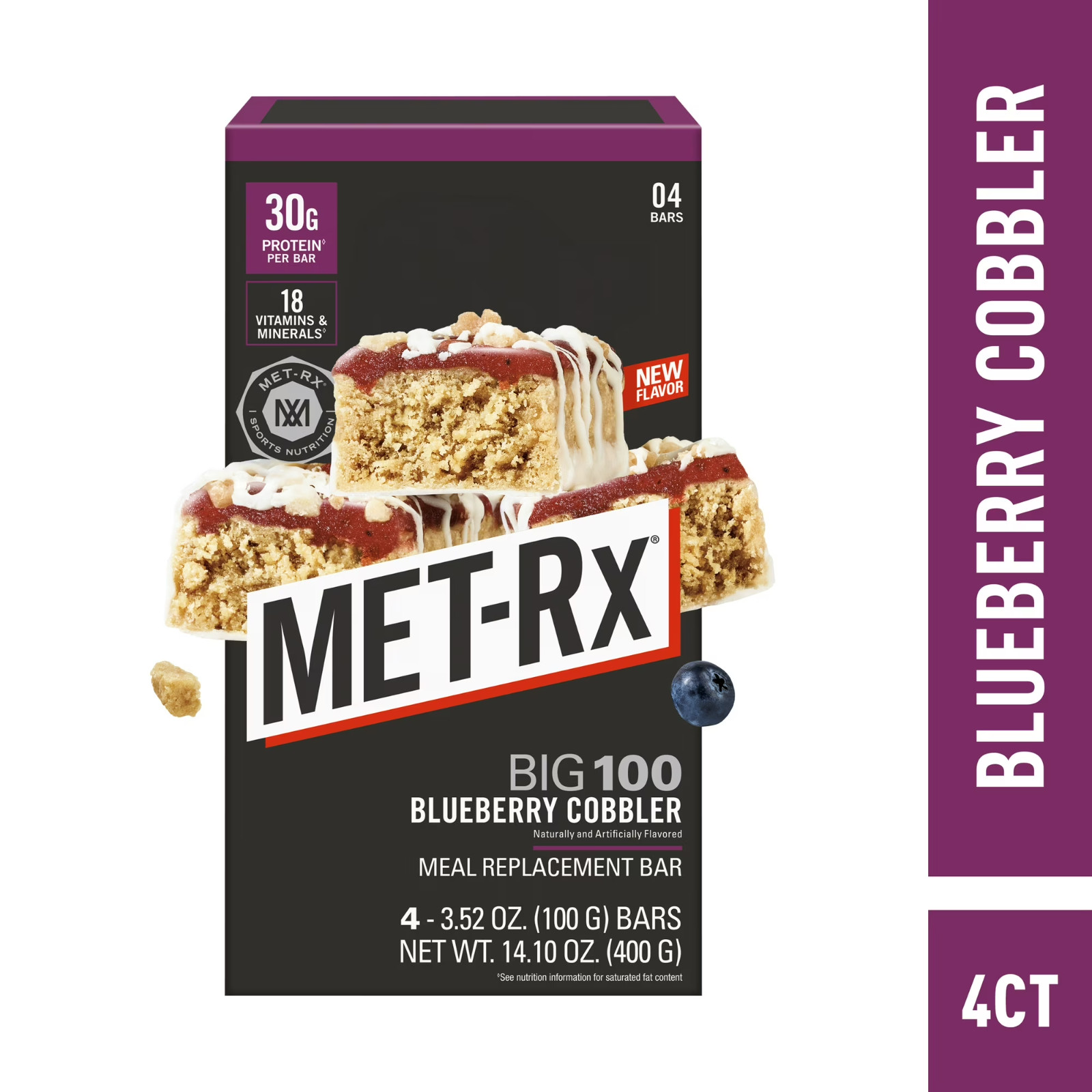 MET-Rx Big 100 High Protein Meal Replacement Bars, Blueberry Cobbler, 30g Protei