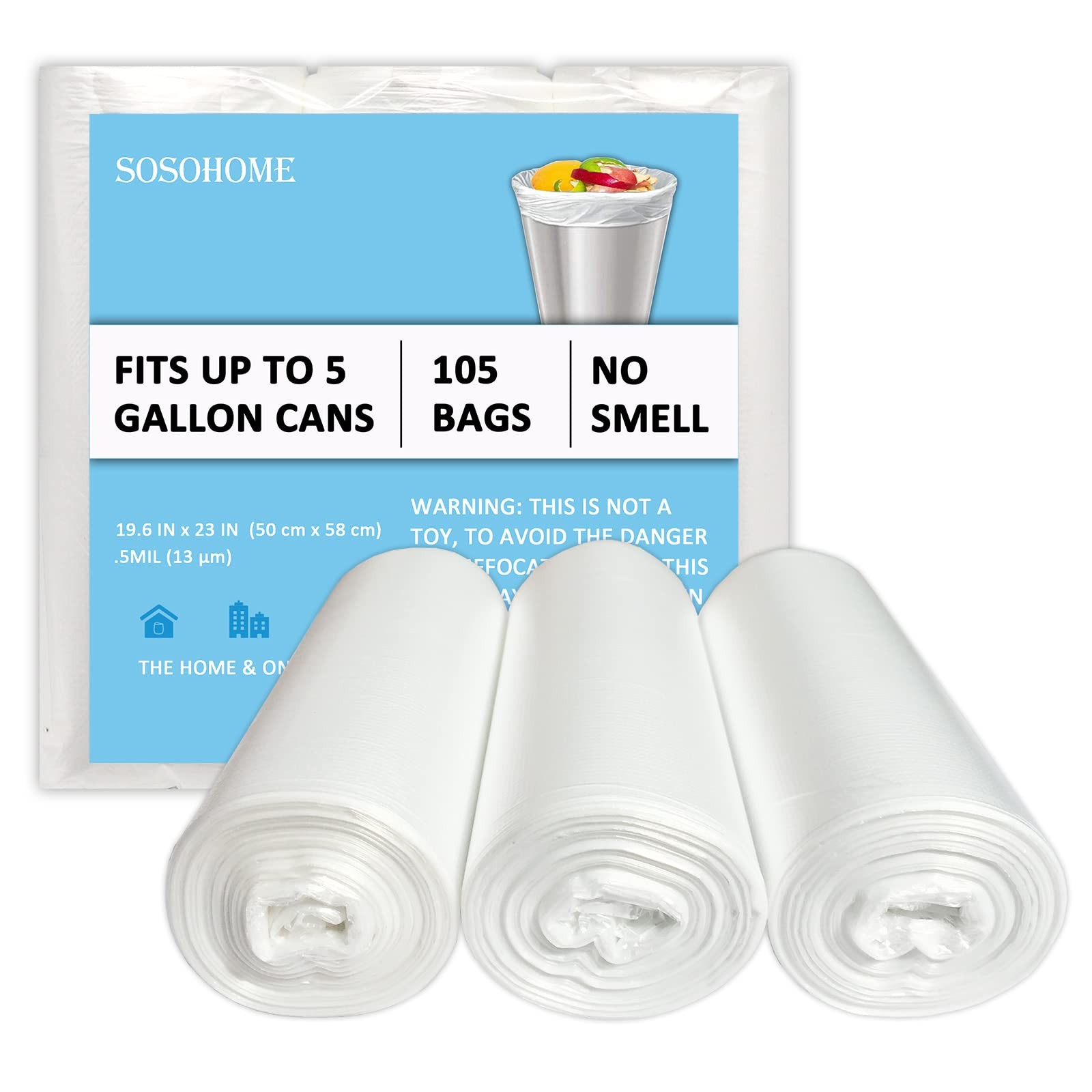 5 Gallon Trash Bags – 20 Liter Strong Garbage 105 Count (Pack of 1), Clear