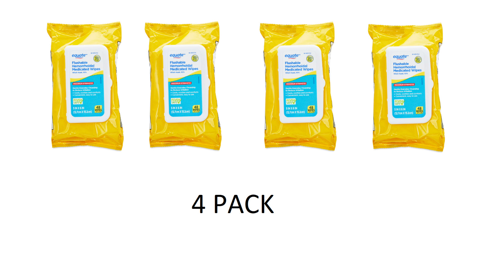 4 PACK New Pack Equate Flushable Hemorrhoidal Medicated Wipes – Witch Hazel 50%