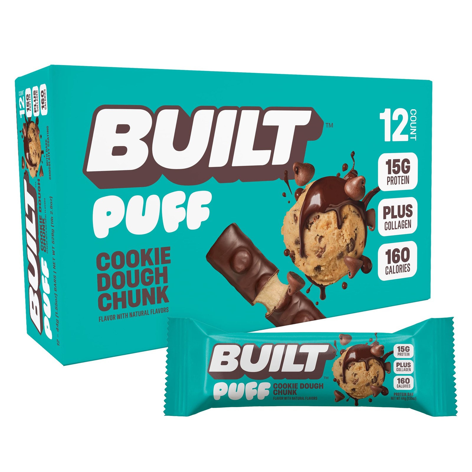 Protein Bars Cookie Dough 15g 12 Count Collagen Gluten Free BUILT Puff Snack