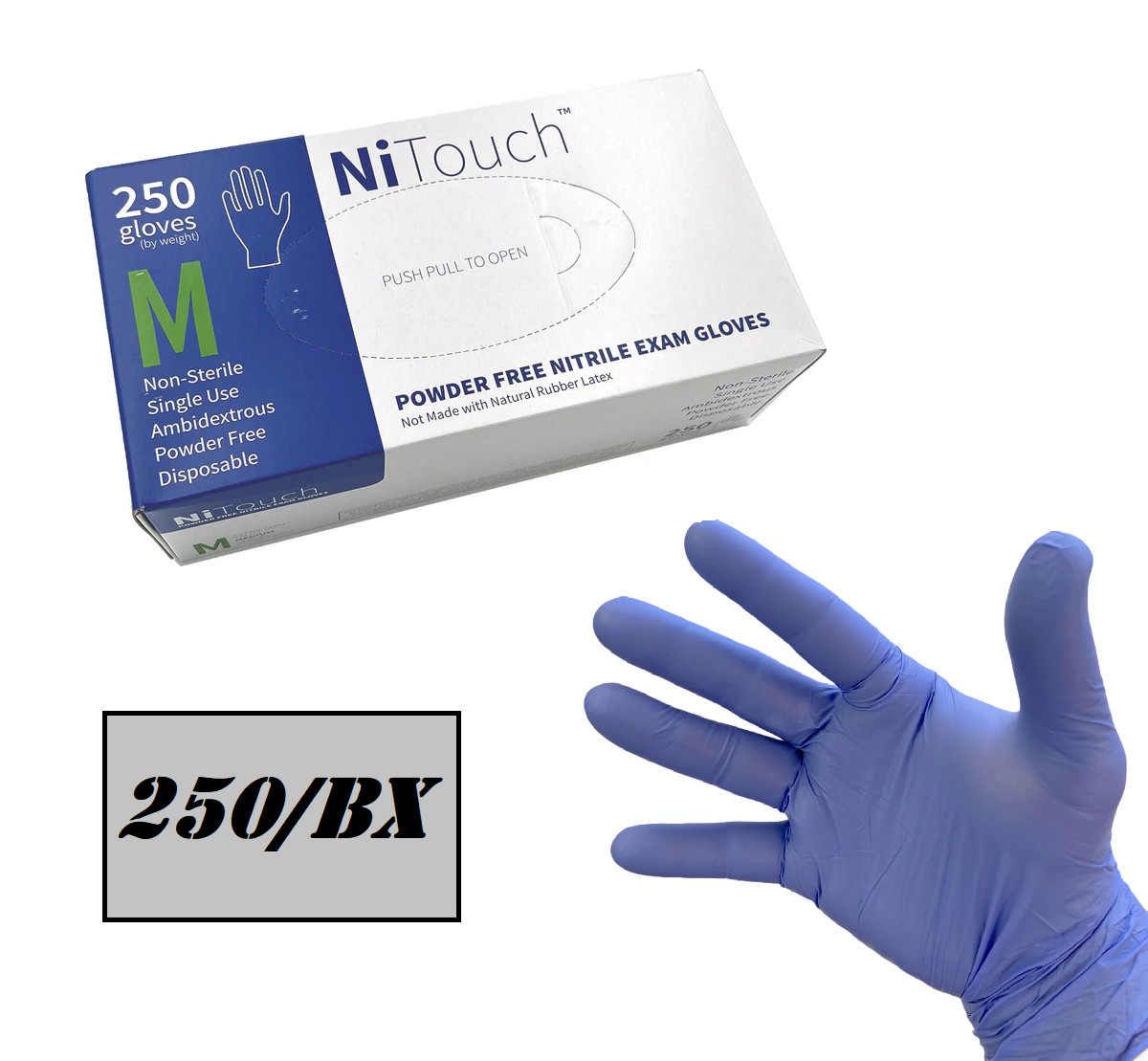 NiTouch Disposable Blue Nitrile Powder-Free Exam Gloves, (250 gloves/box)