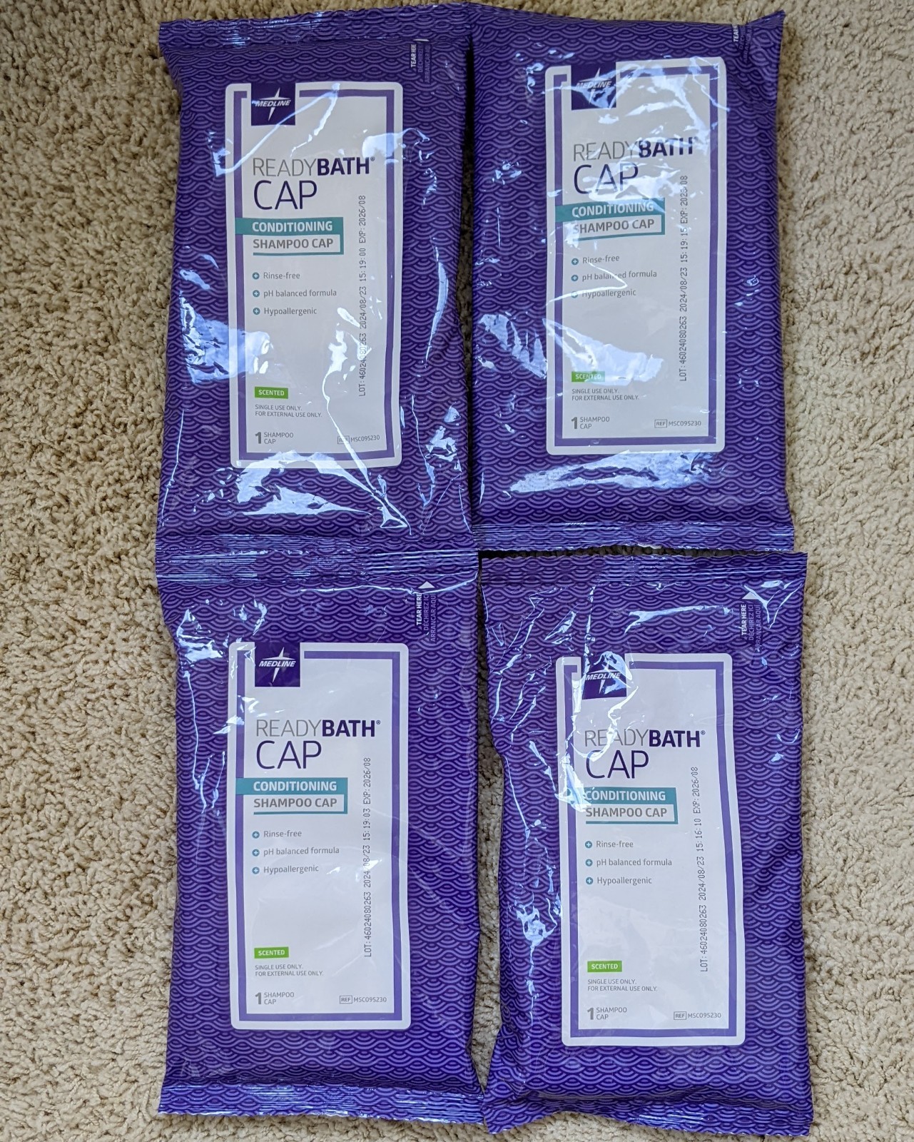 Lot of 4 Medline ReadyBath Rinse-Free Shampoo and Conditioning Caps