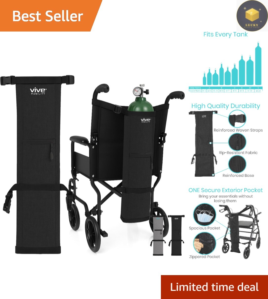 Vive Portable Oxygen Tank Holder for Wheelchair, Compatible with D/E Cylinders
