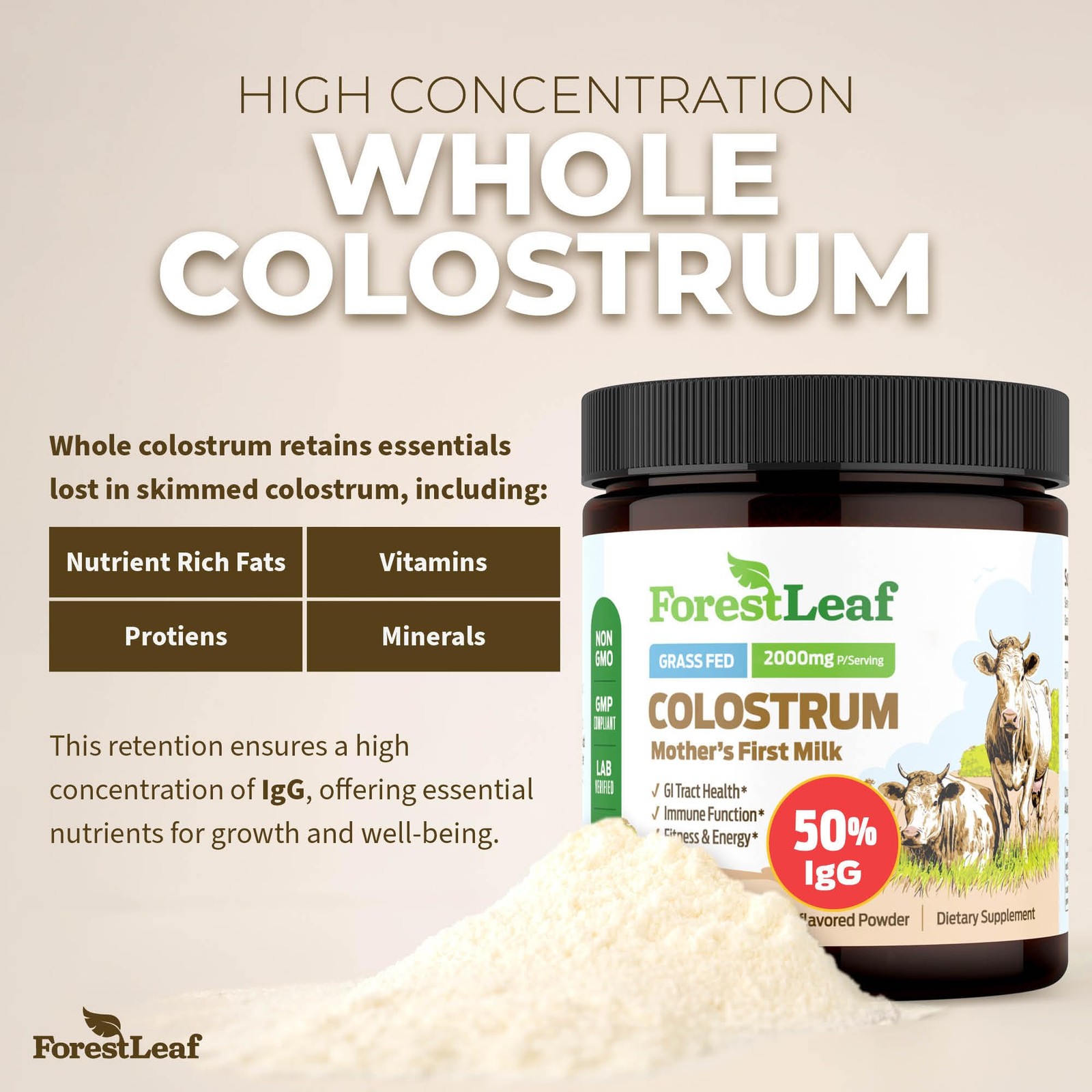 Colostrum Powder 50% IgG Grass Fed Gut Health Immune Support 45 Servings Highest