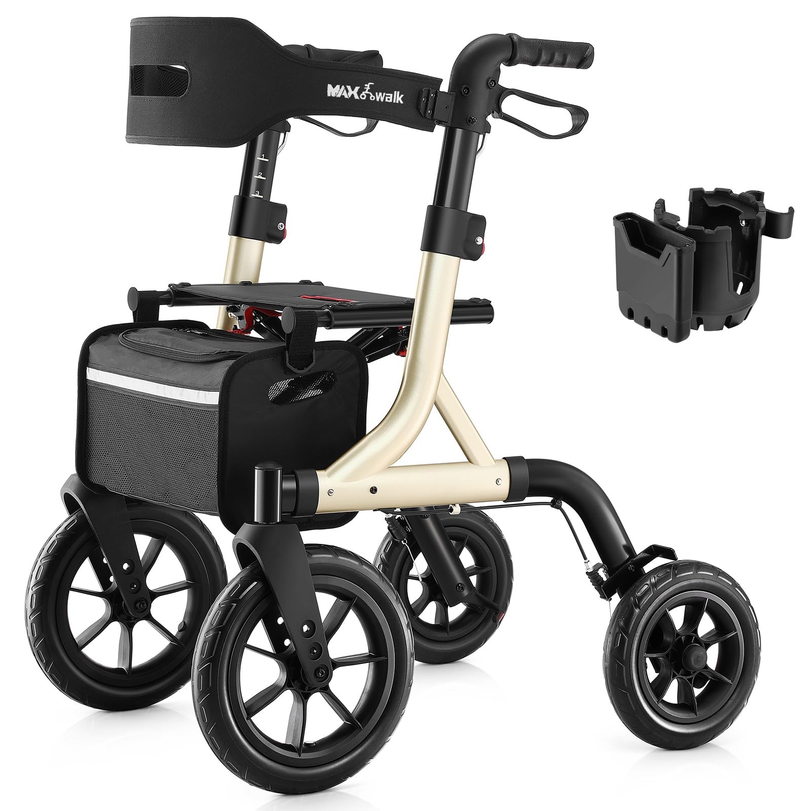 Walker with Seat 12 Wheels Foldable Height Adjustable Gold MAXWALK Rollator