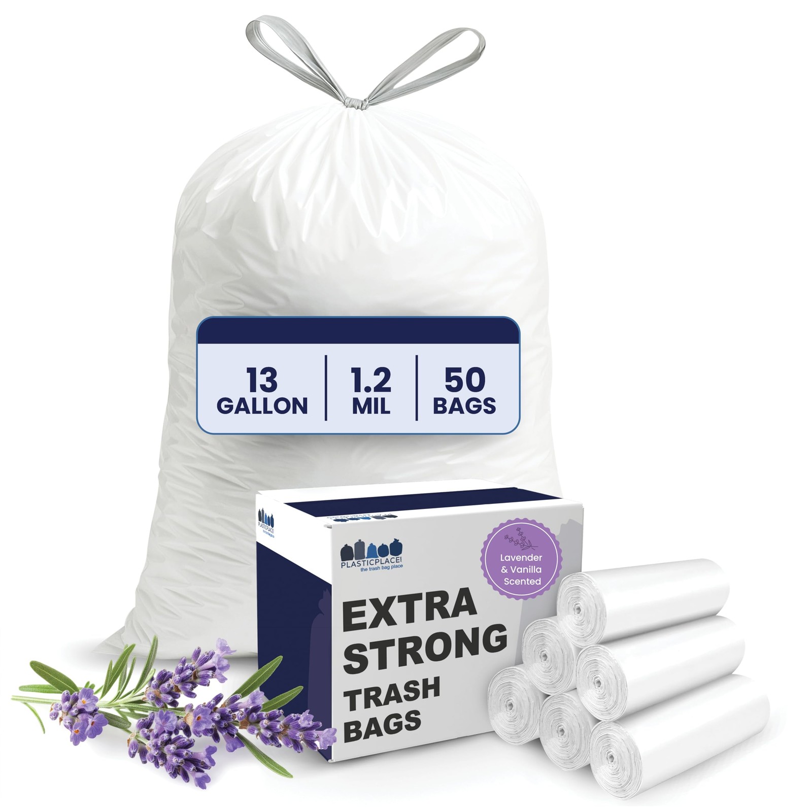 Plasticplace 13 Gallon White Drawstring Trash 1 Count (Pack of 50),