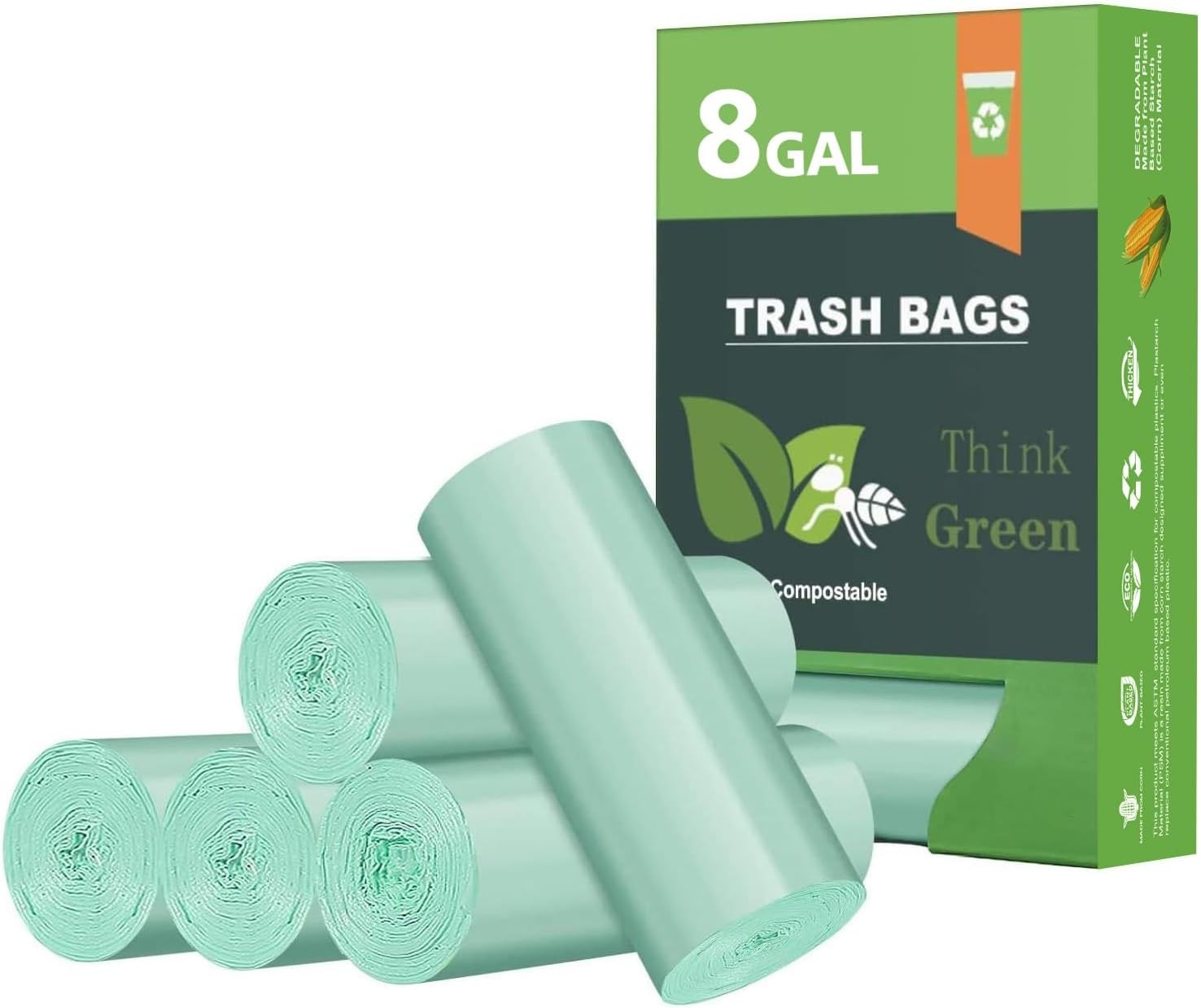 Biodegradable 8 Gallon Trash Bags, AYOTEE Garbage 80 Count (Pack of 1), Green