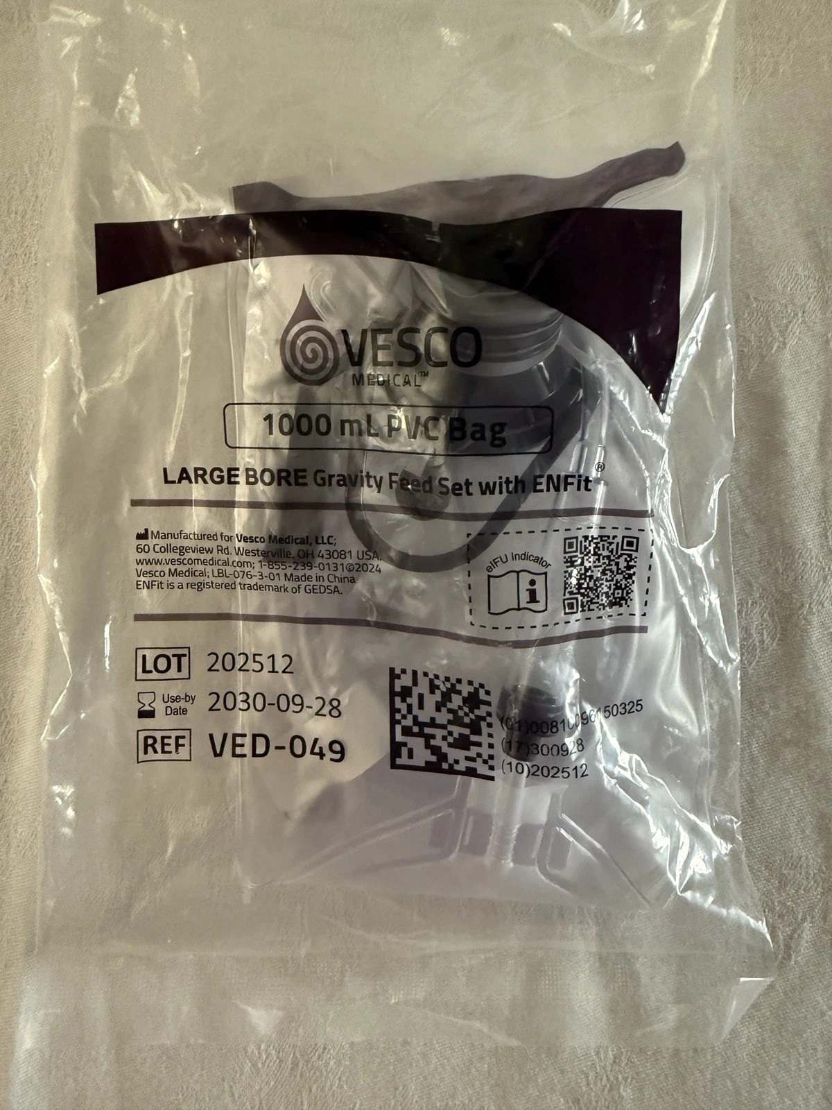 Vesco Medical 1000 mg PVC Bag (1) Large Bore Gravity Feed Set with ENFit VED-049